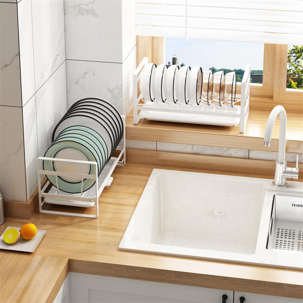 MosQuick® Stainless Steel Dish Drying Rack with Drain Tray - Space Saving Kitchen Organizer for Utensils & Cookware - Perfect for Small Kitchens, Countertop Storage & Dish Drying (White)
