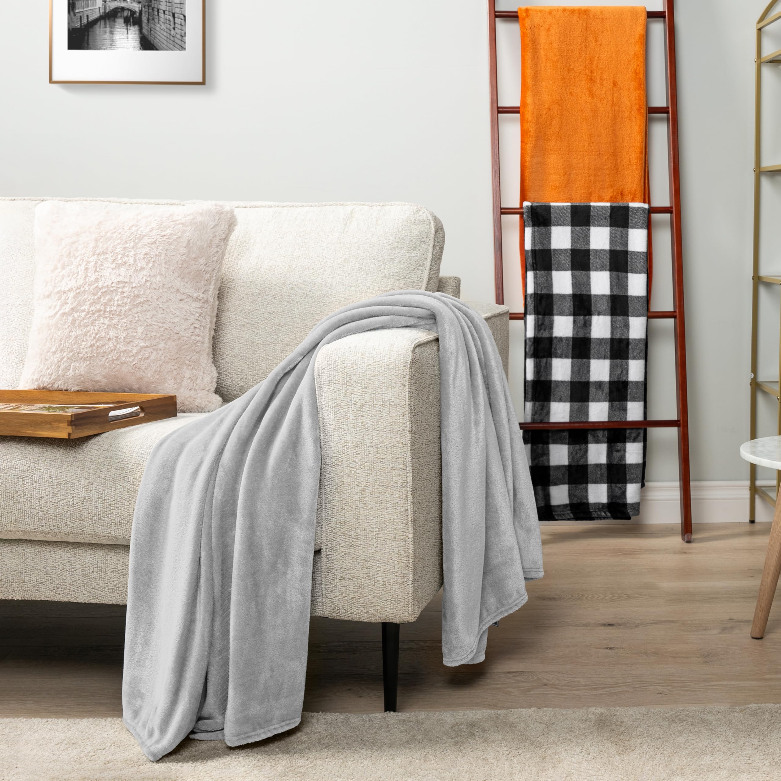 PAVILIA Light Grey Fleece Queen Size Blanket - Ultra Soft Fuzzy Flannel Throw for Couch & Sofa | Luxury Plush Microfiber Bed Blanket (90x90 Inches) - Perfect for Cozy Home Decor, Winter Warmth & Gift Giving