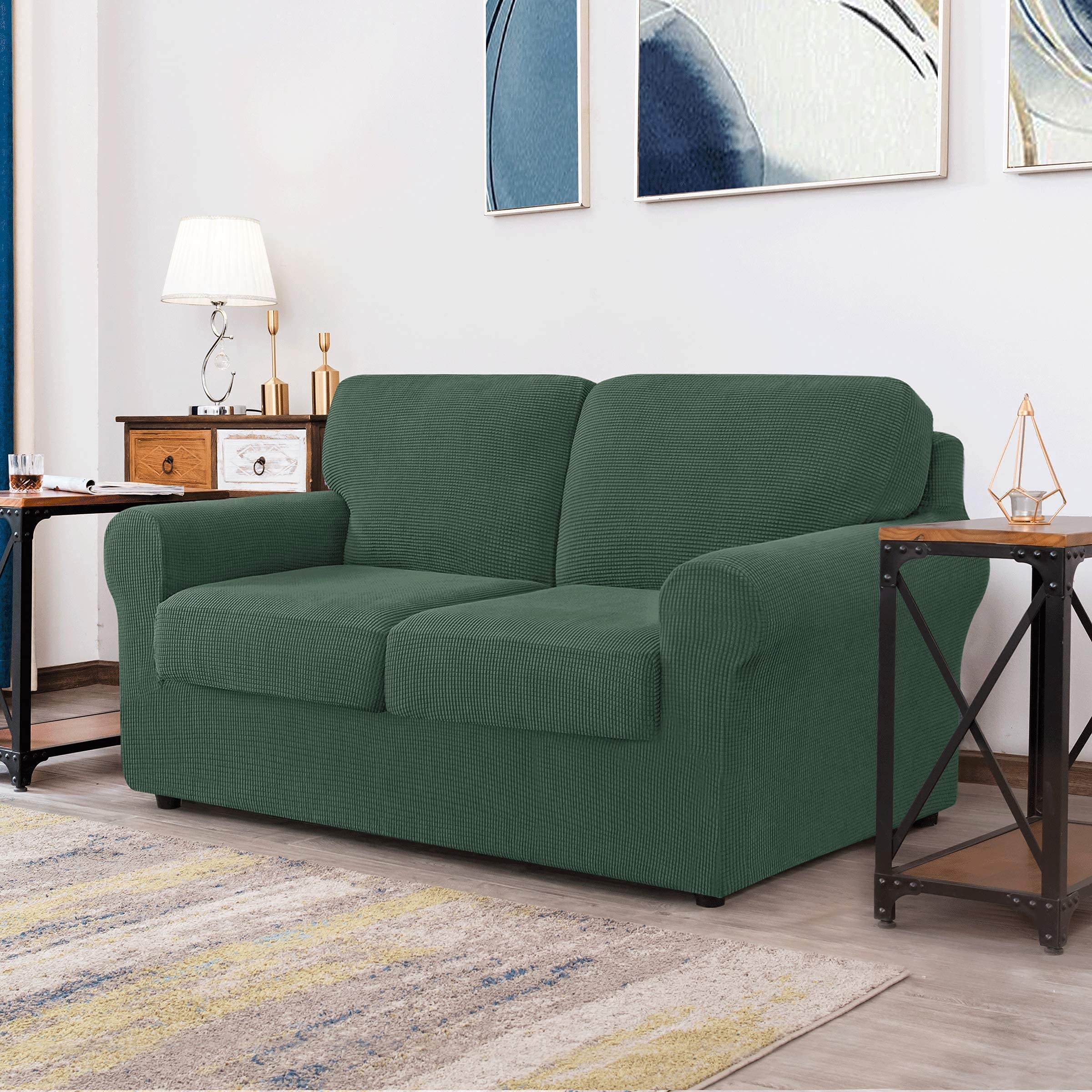 CHUN YI Loveseat Sofa Cover Set - Stretchable Jacquard Fabric Slipcover with Detachable Backrest & Cushions (Dark Cyan) - Perfect for Living Room, Bedroom, or Office Furniture Protection