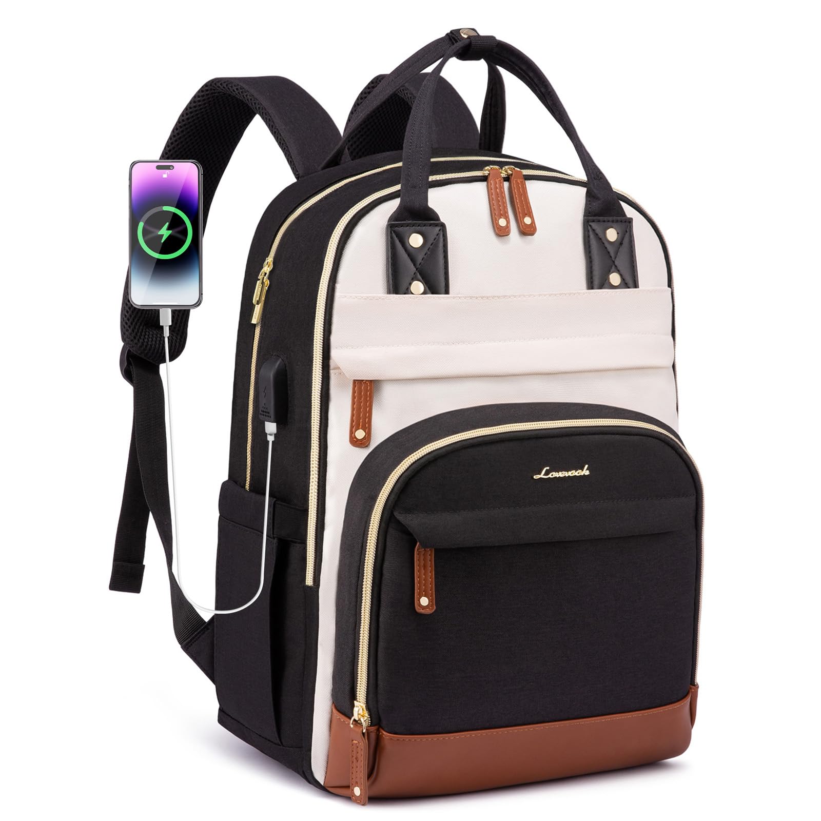 LOVEVOOK Women's Anti-Theft Laptop Backpack - 15.6 Inch Waterproof Computer Bag for Work, School & Travel | Stylish College Backpack Purse in Beige, Black & Brown | Perfect for Business Commute, Campus Life & Weekend Getaways