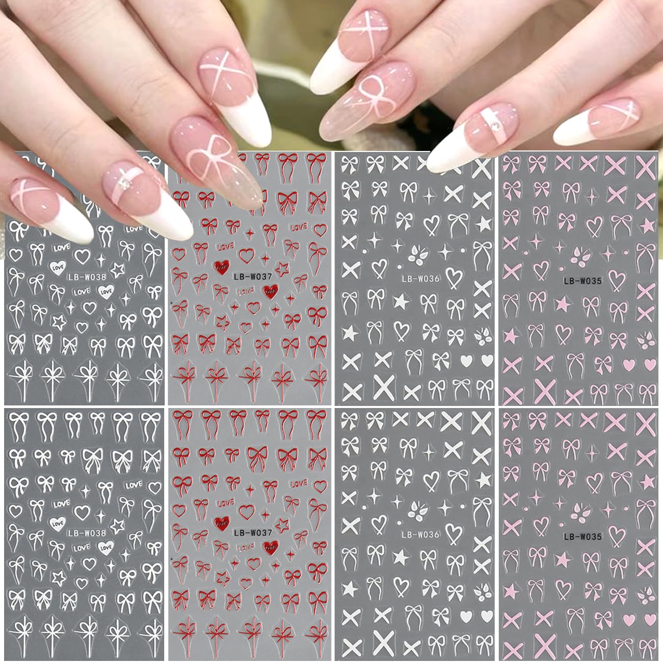 Valentine's Day 3D Heart Bow Nail Art Stickers - Self-Adhesive Nail Decals in White, Red & Pink for Women's Manicure | Perfect for Romantic Dates, Bridal Showers & Daily Nail Art Designs