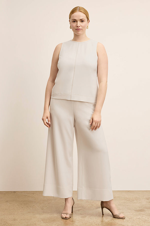 Elena Culotte Everyday Crepe Pants with Topstitch Detail - Comfortable Eggshell Women's Trousers for Work, Office & Casual Wear