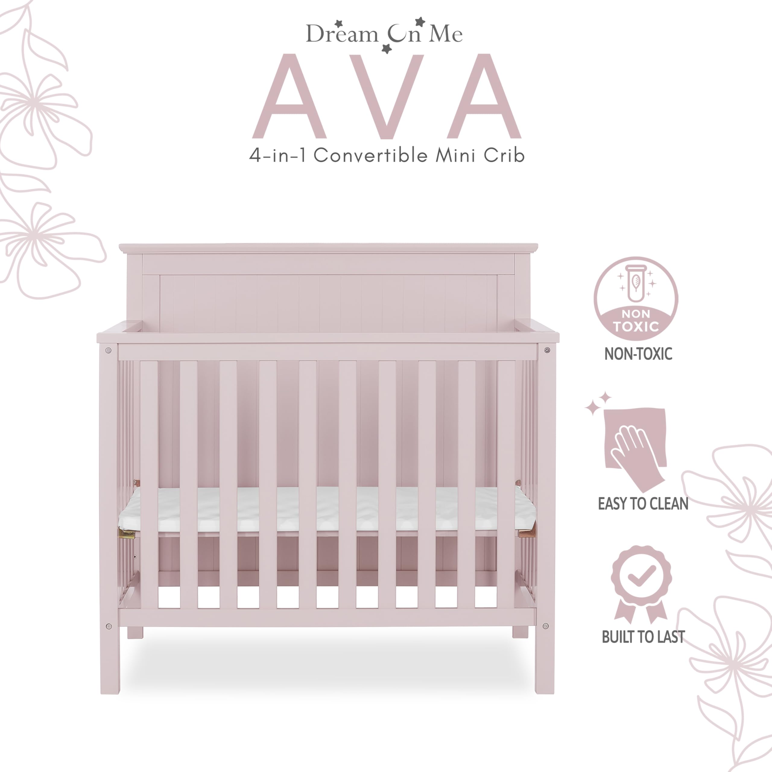 Dream On Me Ava 4-in-1 Convertible Mini Crib - Blush Pink | Greenguard Gold Certified & Non-Toxic Finish | Includes 1