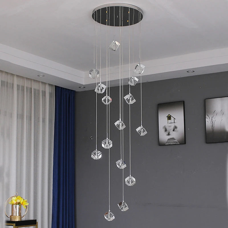 Modern Crystal Square Chandelier - Elegant Lighting Fixture for Staircase, Foyer, Dining Room & Living Room Decor | Dimmable LED Ceiling Light for Home & Office
