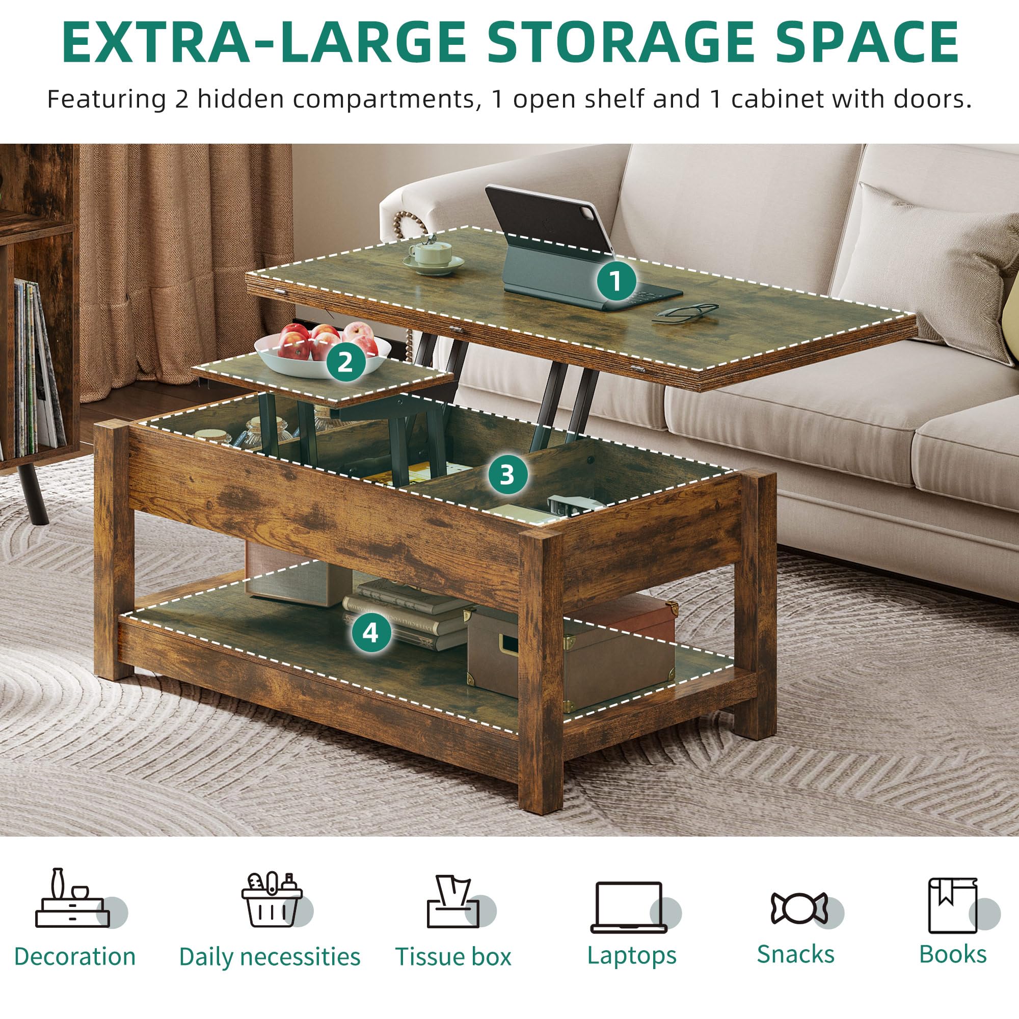 YITAHOME Lift Top Coffee Table with Storage - 3-in-1 Multi-Function Wooden Center Table with Hidden Compartment, Rustic Brown Farmhouse Style for Living Room | Perfect for Small Spaces, Home Office & TV Room Decor