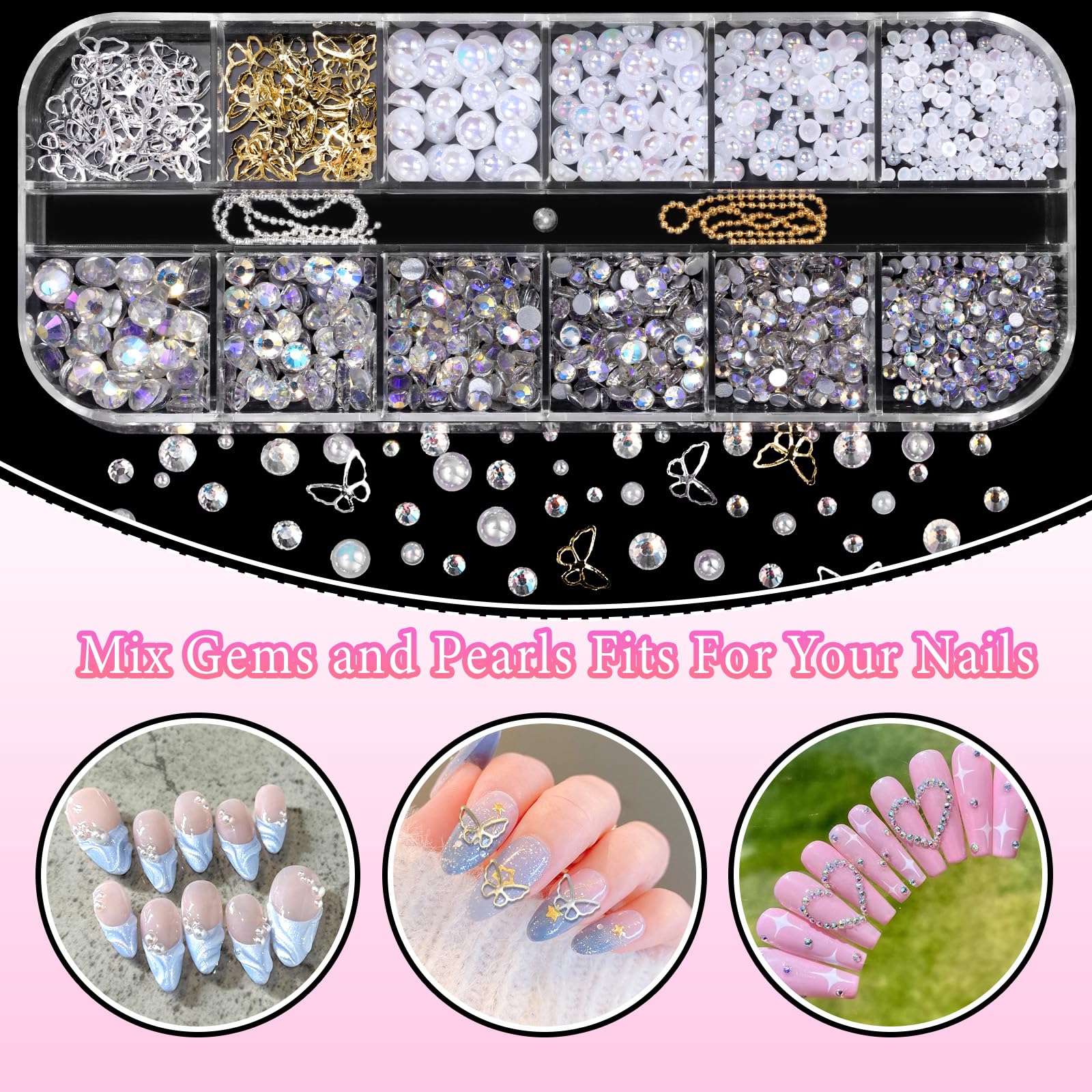 2 Boxes 3D Nail Art Charms Set - Bow, Bowknot, Butterfly, Flower, Half Round Pearl & Rhinestone, Star, Heart Pearls for DIY Nail Designs | Perfect for Salon, Home Manicure, Nail Art Enthusiasts & Gift Giving
