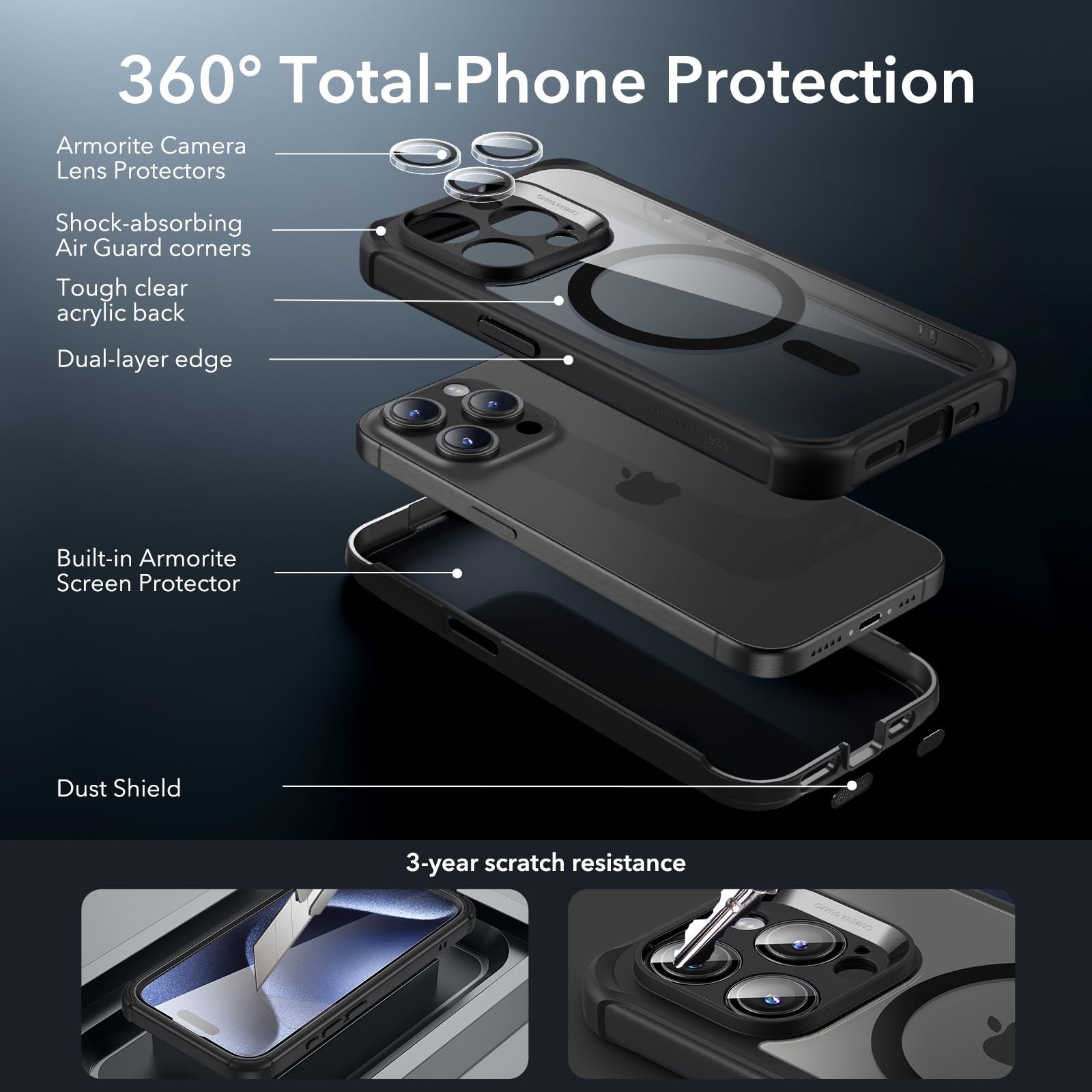 ESR for iPhone 15 Pro Max Case with MagSafe - Military-Grade Protection, Scratch Resistant, Clear Black Armor Series | Includes Individual Lens Protectors | Perfect for Outdoor Adventures & Daily Use