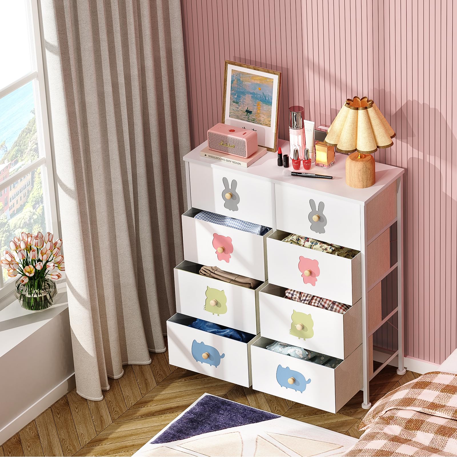 FRAPOW Kids Dresser with 8 Fabric Drawers - Wood Top & Metal Frame Storage Organizer for Baby Girls & Toddlers - Perfect for Nursery, Bedroom, Closet & Apartment Organization - Ideal for Storing Clothes, Toys & Baby Essentials