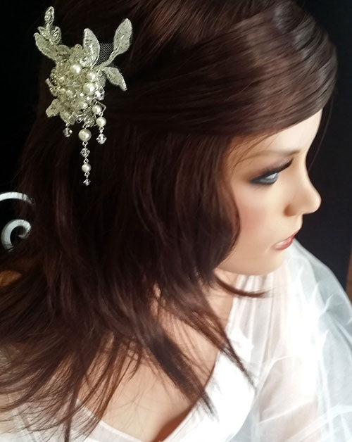 Elegant Bridal Headpiece - Lace & Pearl Cluster Side Comb with Drops | Sachelle by Kezani | Perfect for Weddings, Prom & Special Occasions