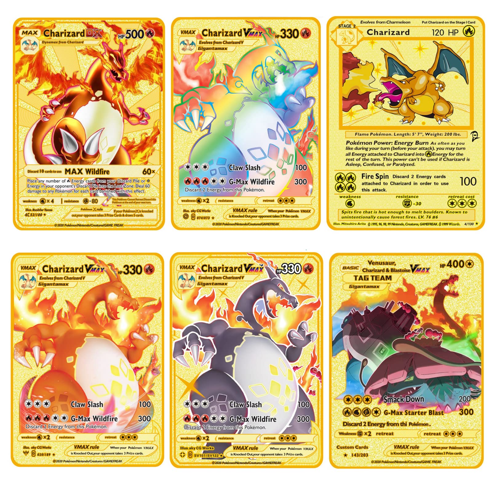 Charizard VMAX Gold Plated Metal Pokemon Card - 6-Piece VMAX Charizard Card Deck with Collectible Card Box - Perfect Gift for Pokemon Collectors & TCG Fans - Ideal for Trading, Battles, and Display
