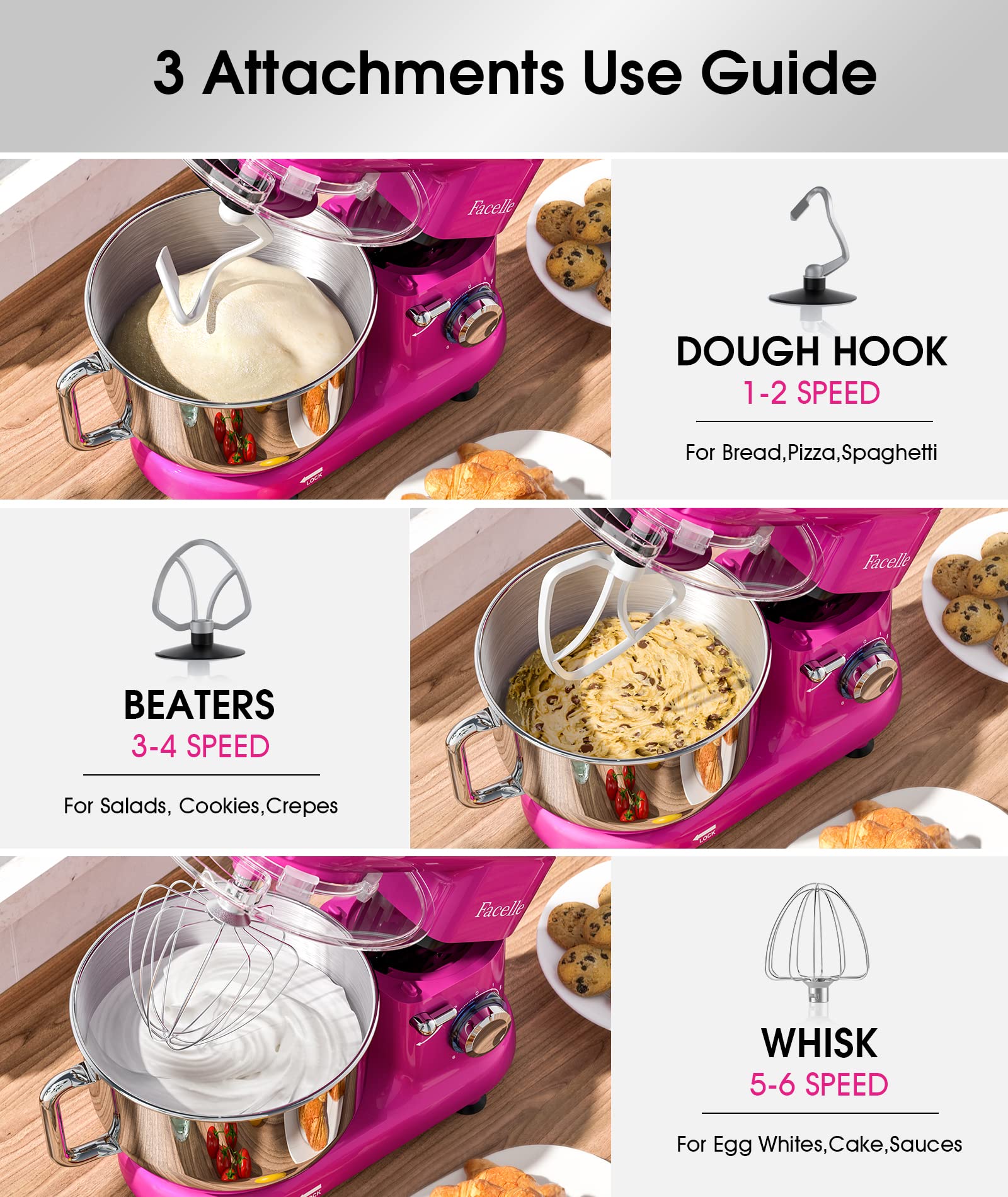 Facelle 660W 6-Speed Tilt-Head Stand Mixer with Pulse Button - 6.5QT Stainless Steel Bowl, Dough Hook, Whisk & Splash Guard - Dishwasher Safe Attachments - Purple Electric Kitchen Mixer for Baking, Cooking & Meal Prep