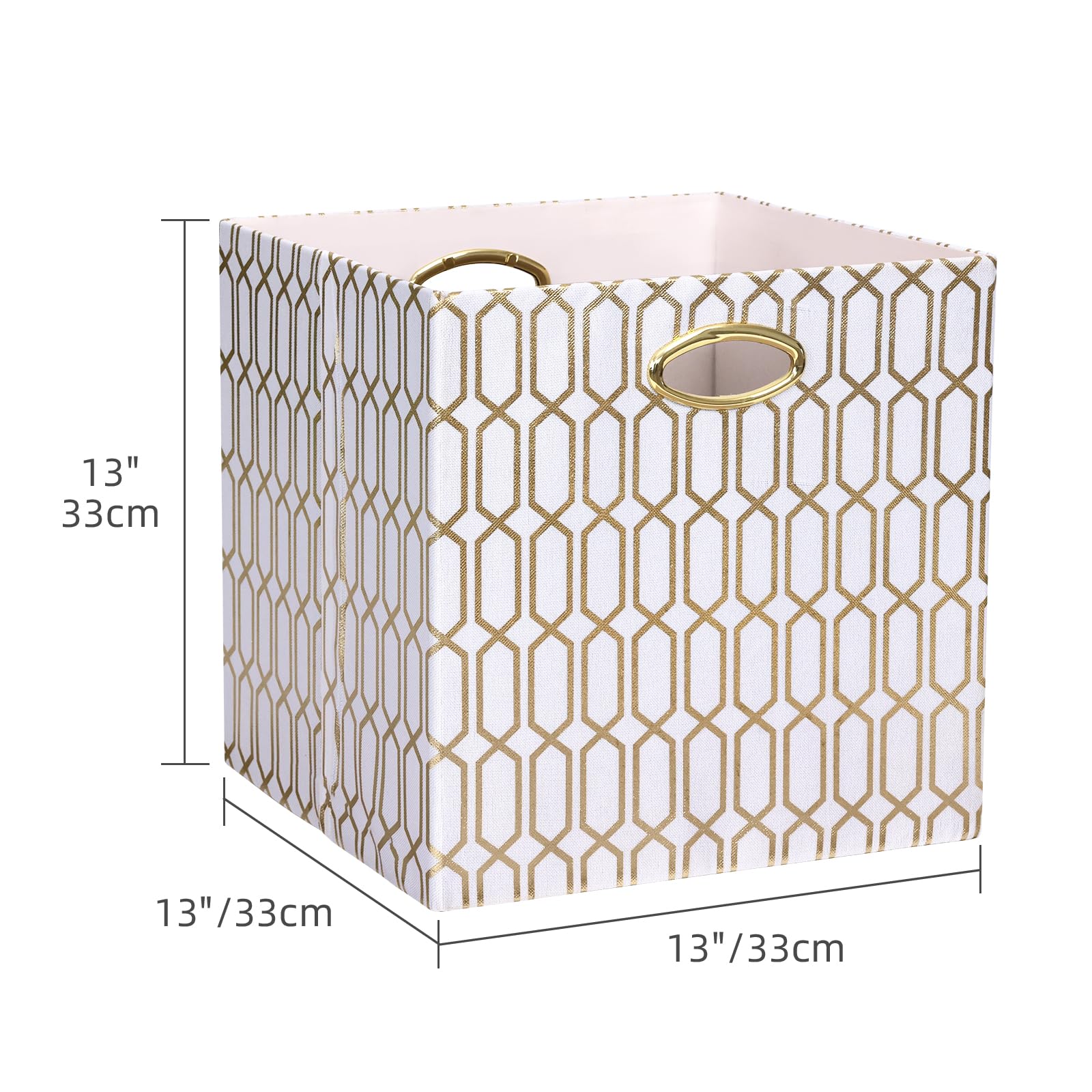 13x13x13 Collapsible Fabric Storage Cube Bins - 4 Pack Organizer Baskets for Shelves, Closet, Wardrobe, Bookshelf & Cabinet - White & Shiny Gold | Perfect for Home Organization, Kids Room & Office Storage