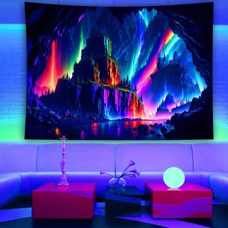 Cave Landscape Glow in the Dark Tapestry - UV Reactive Wall Art Decor for Bedroom, Living Room & Dorm Room Aesthetic