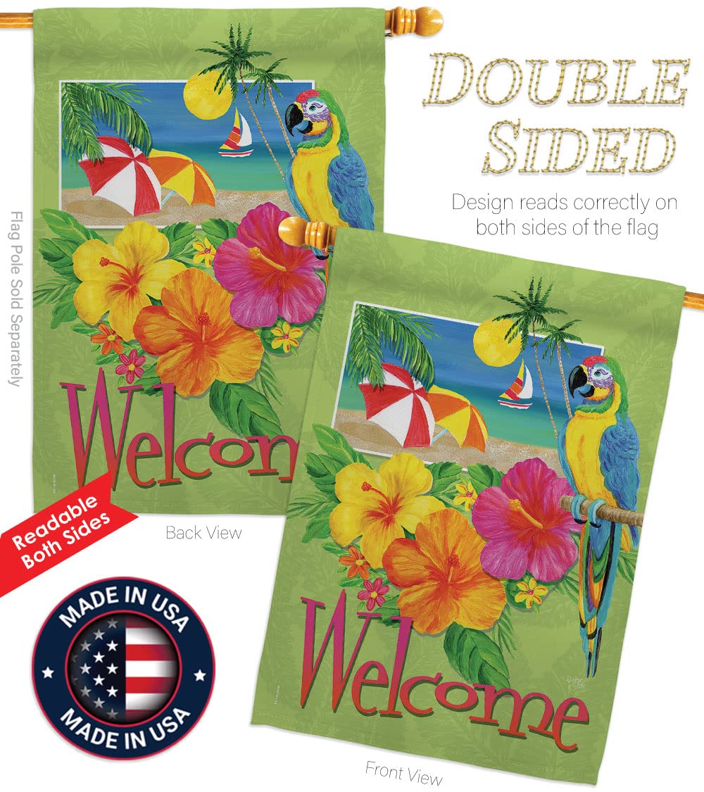 Breeze Decor Tropical Summer Welcome Vertical House Flag 28x40 Inches - Vibrant Outdoor Decoration for Porch, Garden & Seasonal Celebrations - Made in USA