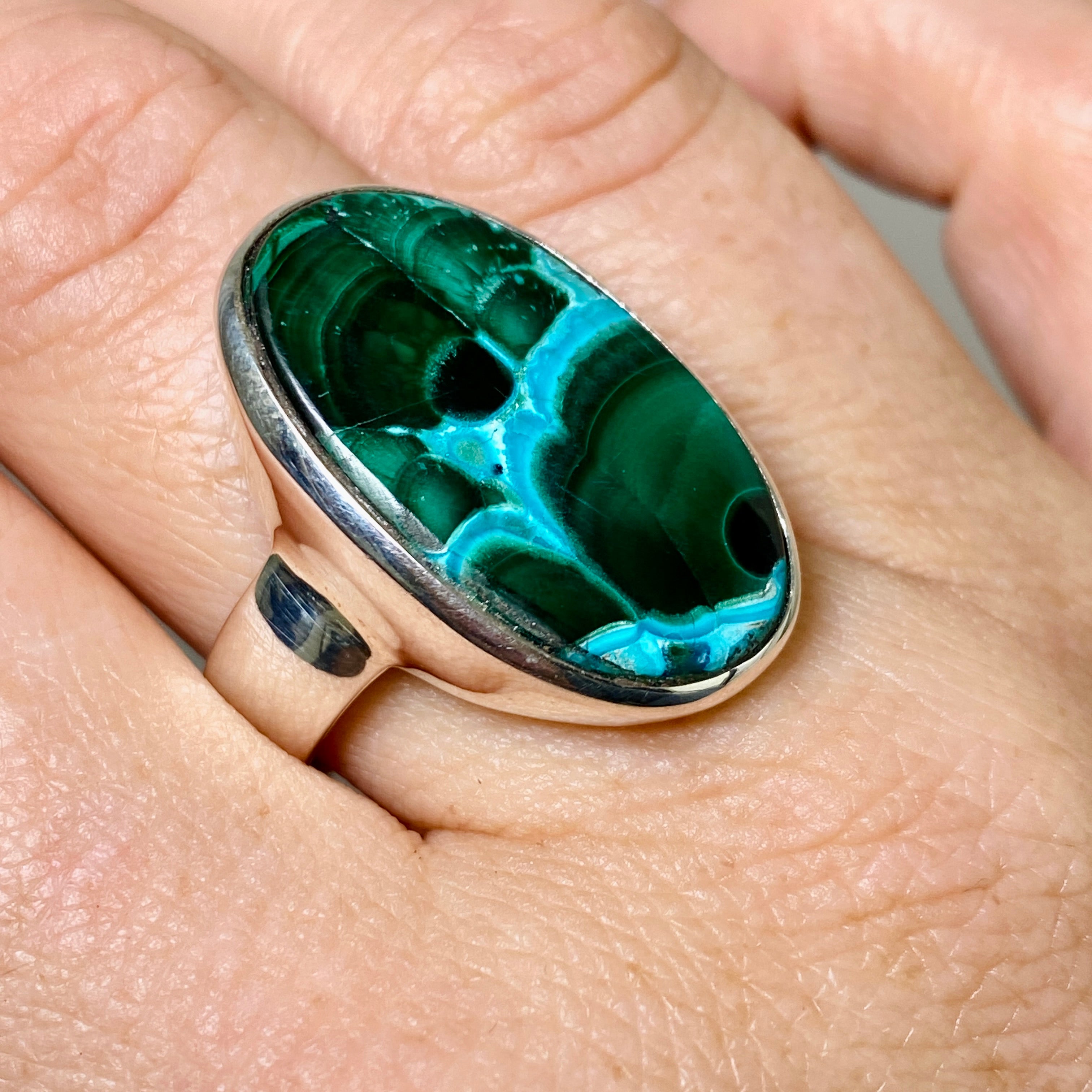 Natural Malachite and Chrysocolla Oval Cabochon Ring - Size 10.5 - Handmade Gemstone Jewelry PRGJ874 | Perfect for Boho Fashion, Spiritual Healing & Gift Giving