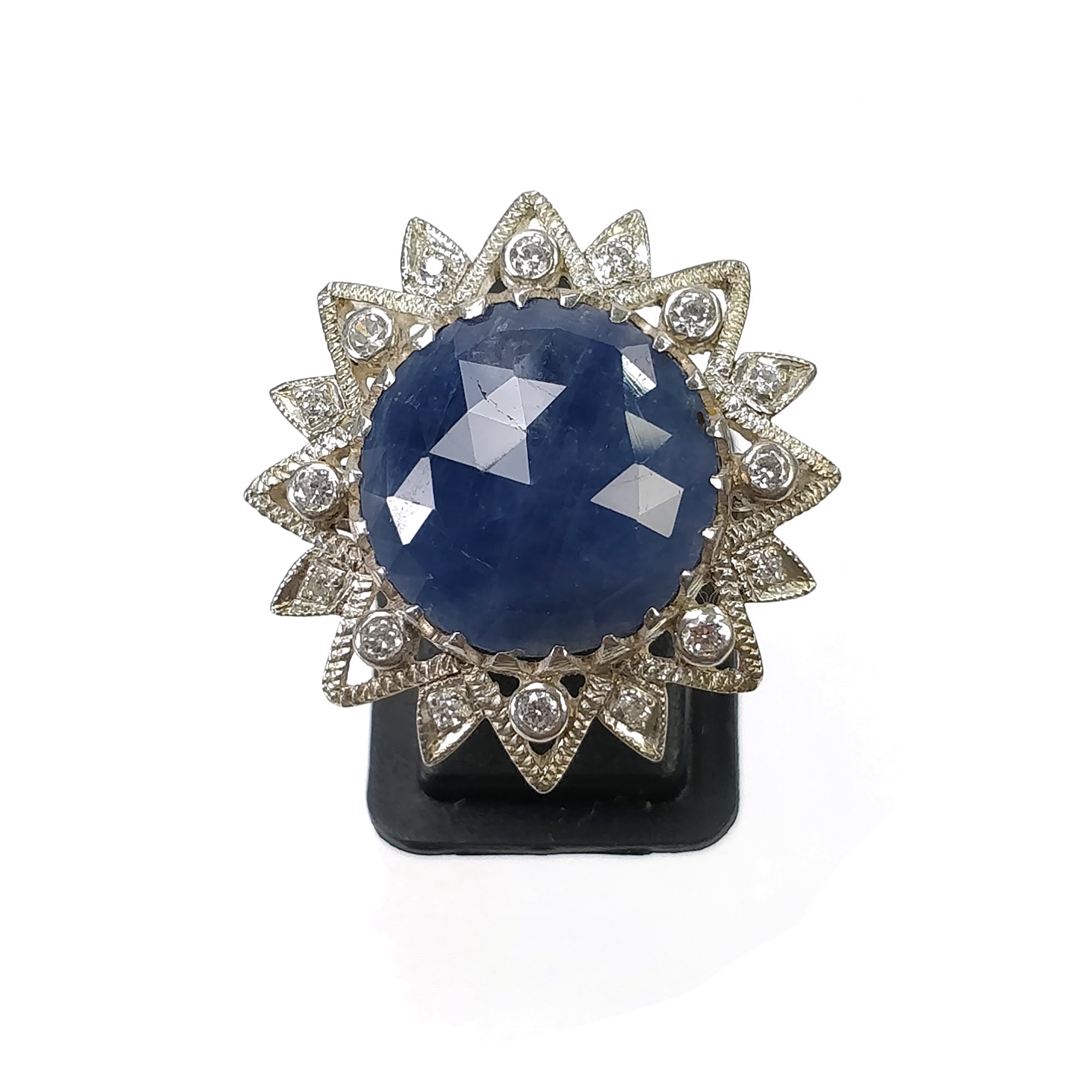925 Sterling Silver Ring with Natural Blue Sapphire & CZ Stones - Rose Cut Bezel Set Unisex Jewelry (Size 6.25 US) | Elegant Statement Piece for Weddings, Anniversaries & Special Occasions