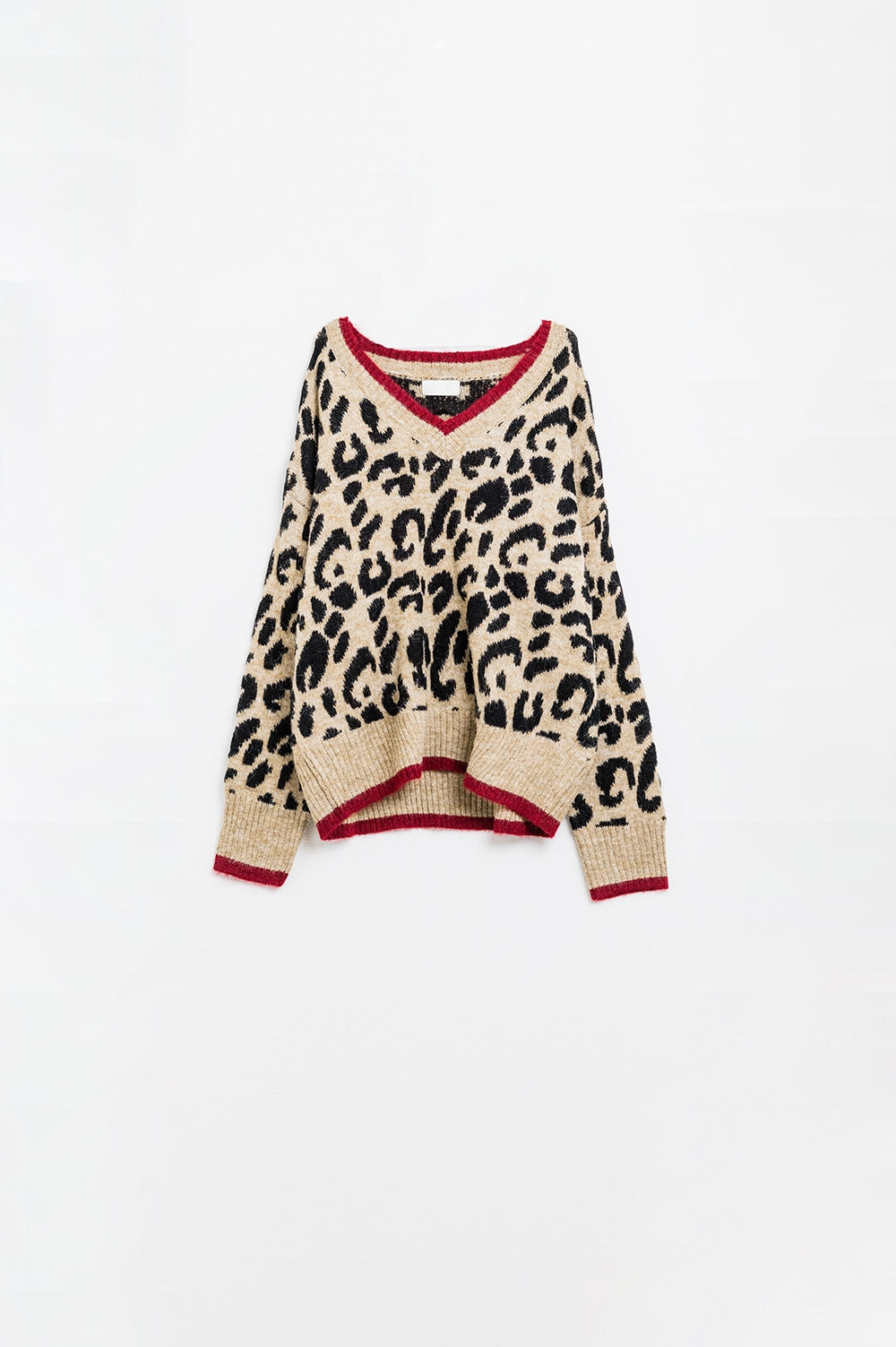 Leopard Print V-Neck Pullover with Red Line Details - Stylish Women's Casual Sweater for Fall & Winter Outfits