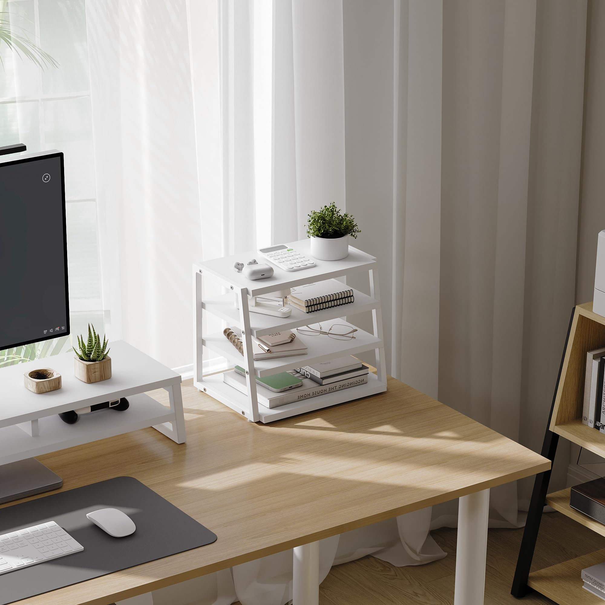 4 Tier Wood and Metal Desk Shelf Organizer - Corner File Holder for Office Supplies, Top of Desk Storage Accessories - Perfect for Home Office, Study, and Workspace Organization