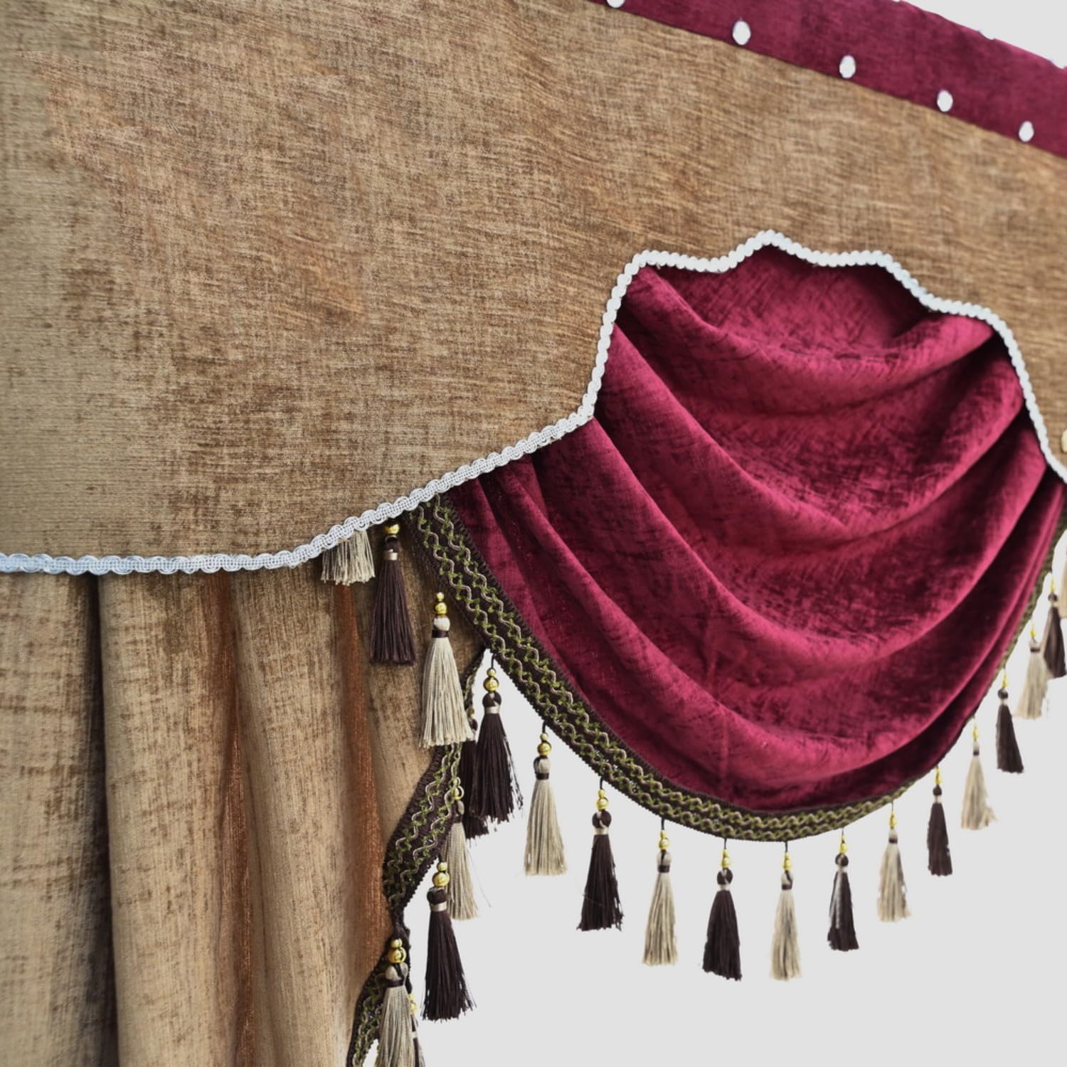 European Brown Burgundy Waterfall Valance with Tassel - Chenille Curtain Swag for Living Room Windows - Elegant Home Decor for Bedroom & Dining Room