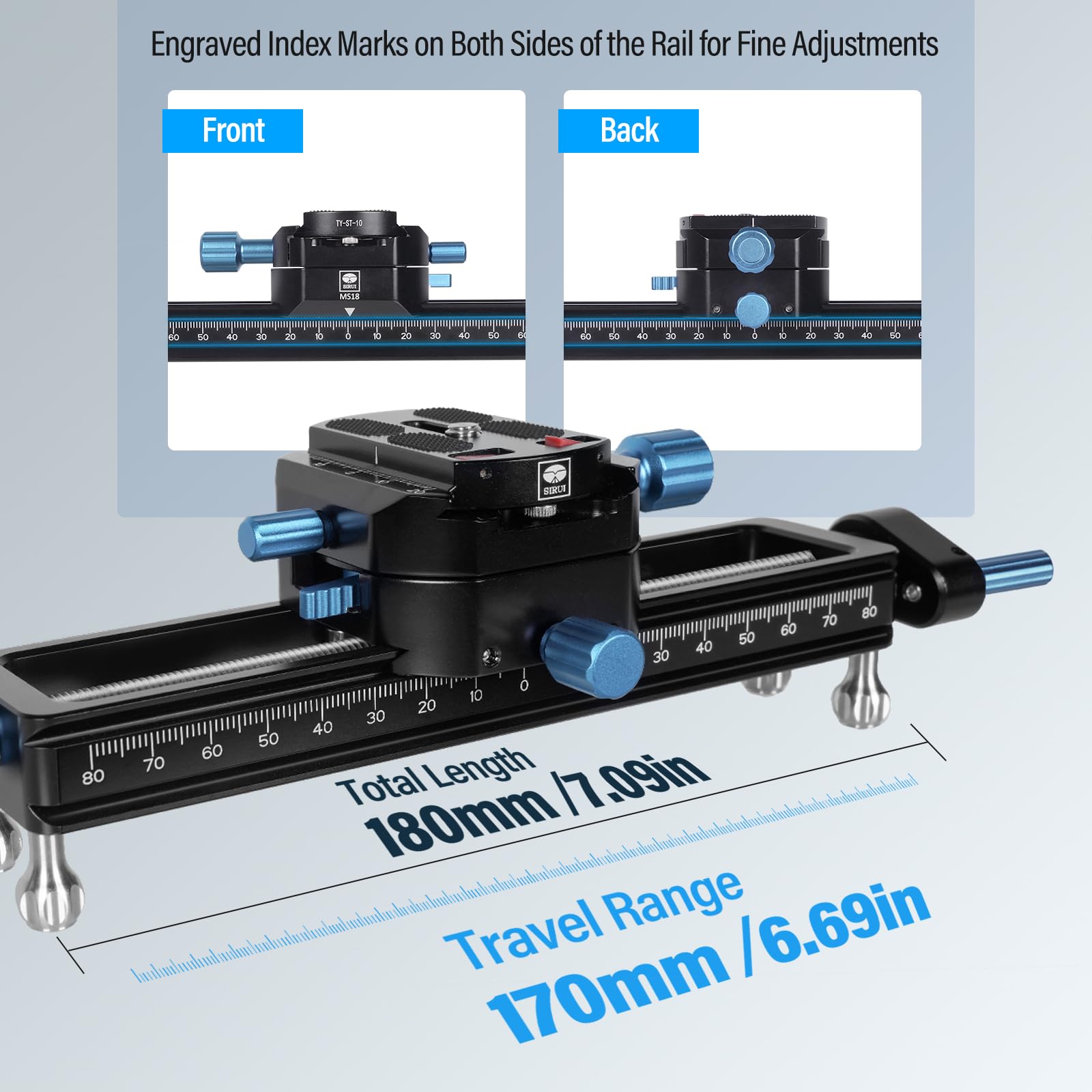 SIRUI MS18 180mm Macro Focus Rail with 360° Rotating Clamp & Arca-Swiss QR Plate - Heavy Duty 10KG Load Capacity for DSLR Cameras & Tripods - Perfect for Macro Photography, Product Shooting & Studio Work