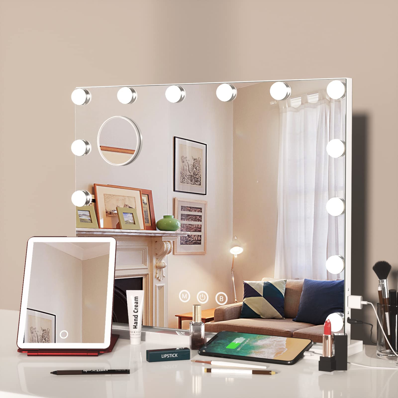Hollywood Vanity Mirror with Lights - 14 Dimmable LED Makeup Mirror for Bedroom & Dressing Room, Tabletop or Wall Mounted (19.6x16.5