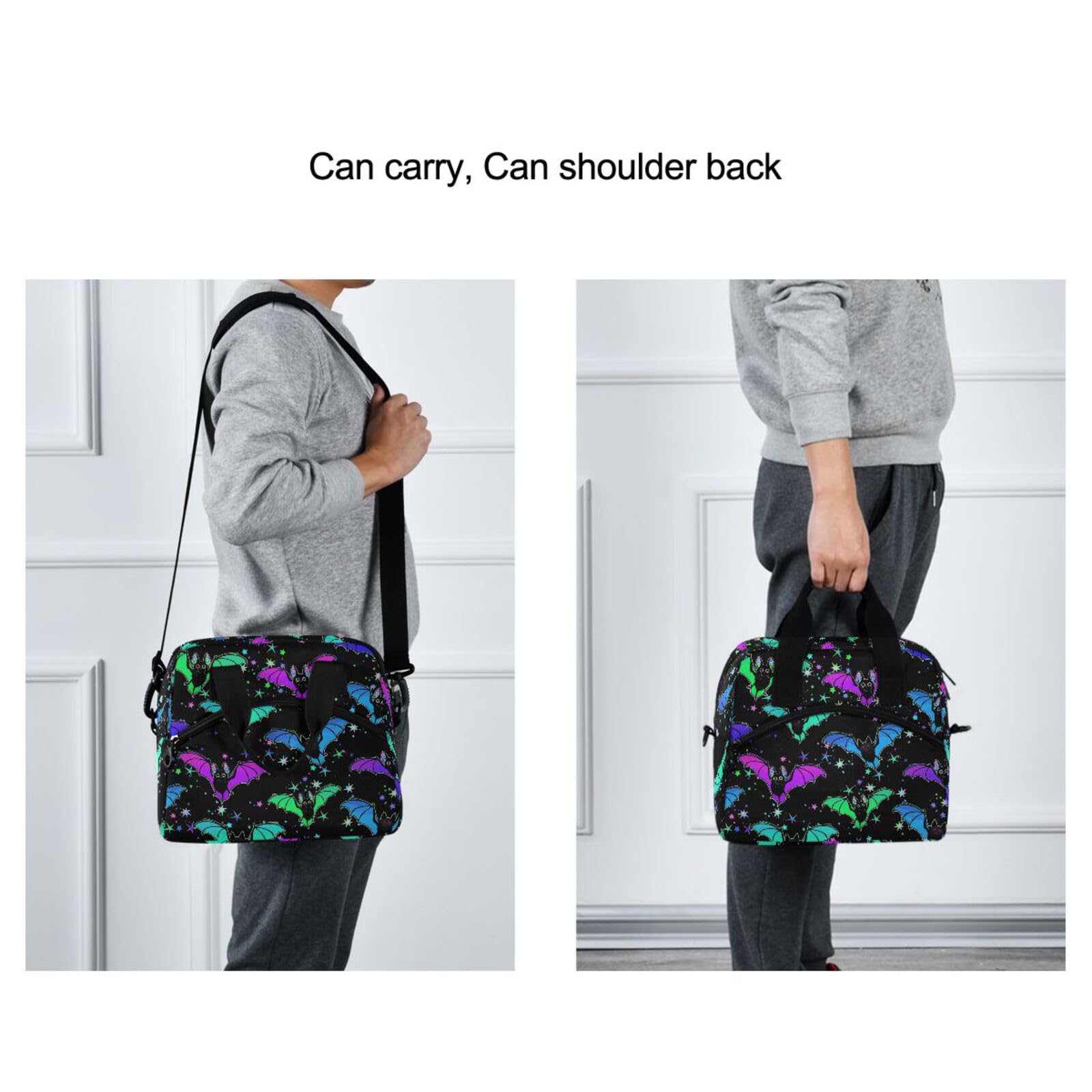 Psychedelic Bat Print Insulated Lunch Bag for Women & Men - Reusable Tote with Adjustable Shoulder Straps for Work, School & Picnics | Cute Lunch Box for Office, College & Outdoor Activities