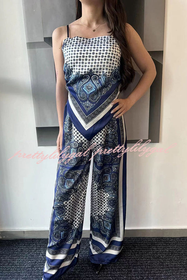 Fashionable Printed Sling Backless Strappy Top with Elastic Waist Loose Pants Set - Women's Casual Outfit for Summer Beach, Vacation and Streetwear