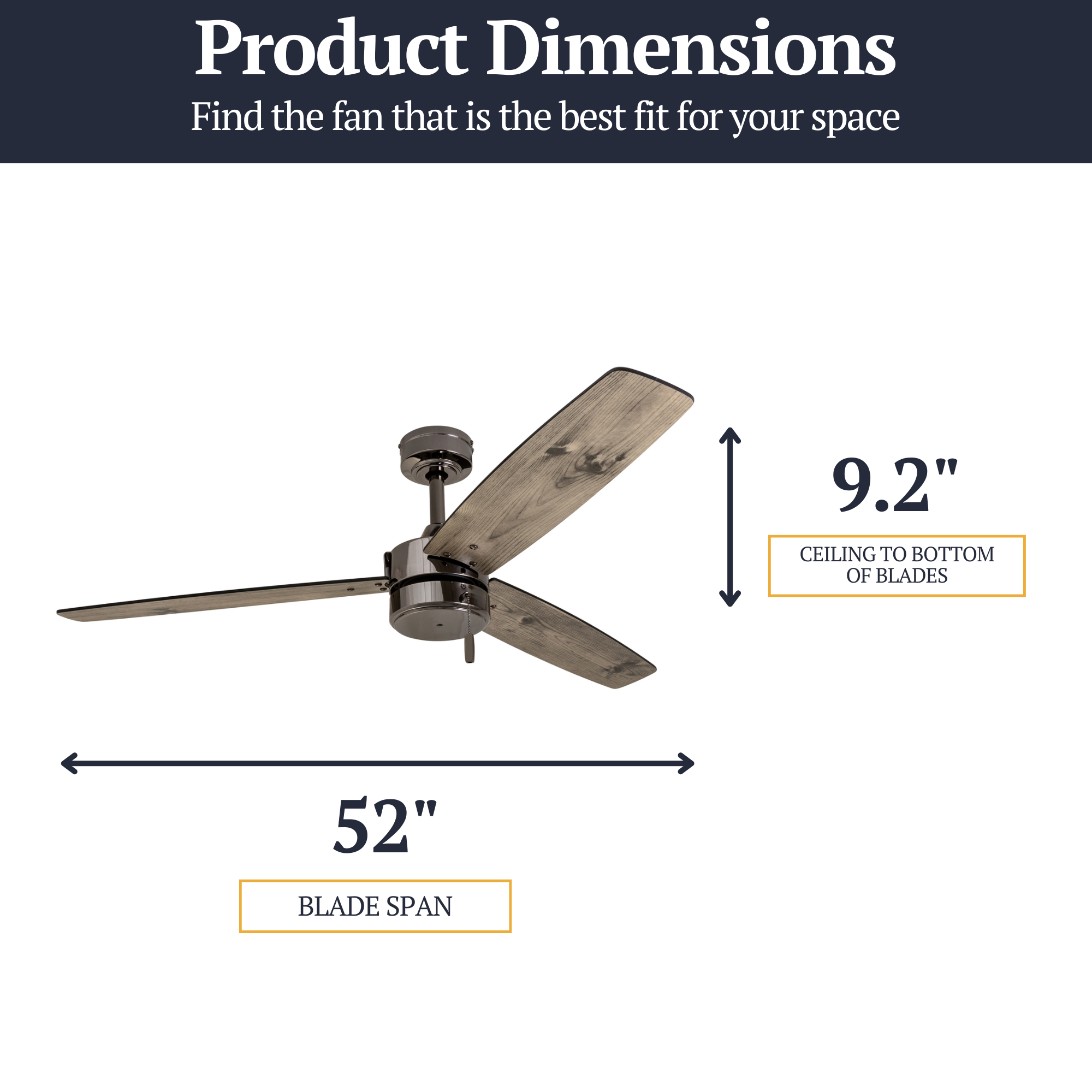 52 Inch Gun Metal Ceiling Fan with Pull Chain - Indoor/Outdoor Use for Bedroom, Living Room, Patio & Covered Porch