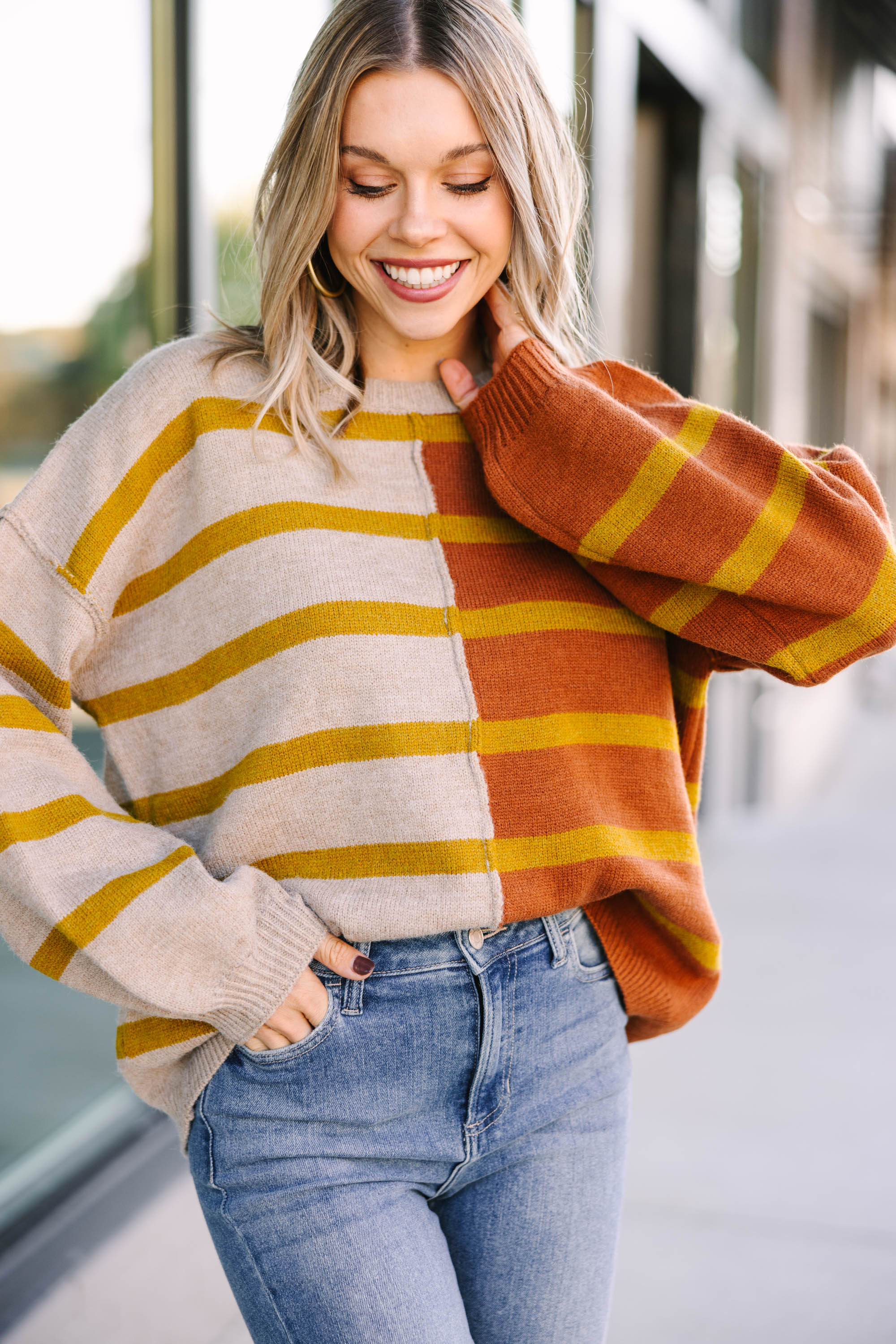Rust Orange Striped Sweater for Women - Cozy Knit Pullover with Back and Forth Pattern | Perfect for Fall Outfits, Casual Wear & Coffee Dates