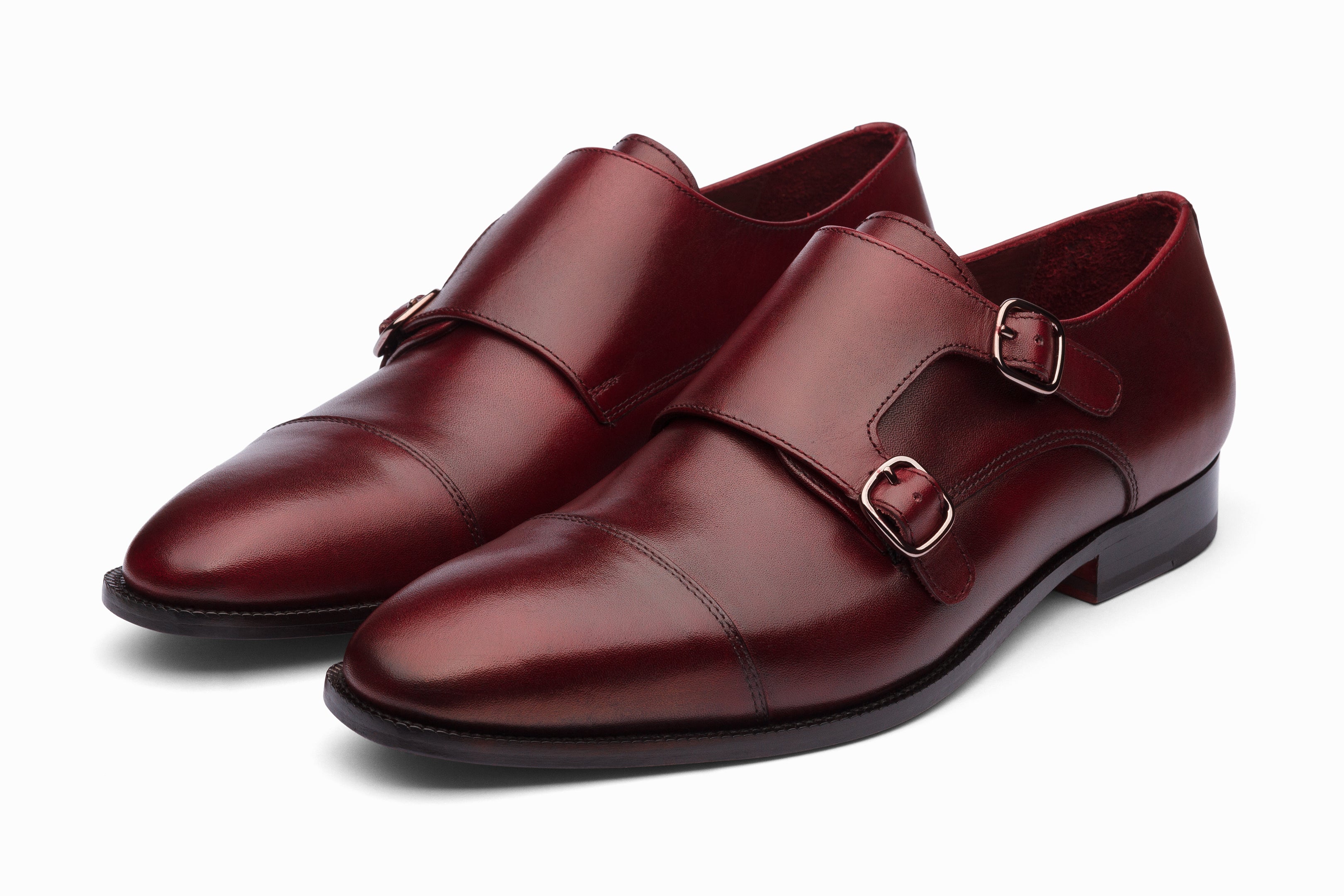 Premium Dark Burgundy Toecap Double Monk Strap Dress Shoes for Men - Elegant Business & Formal Occasions