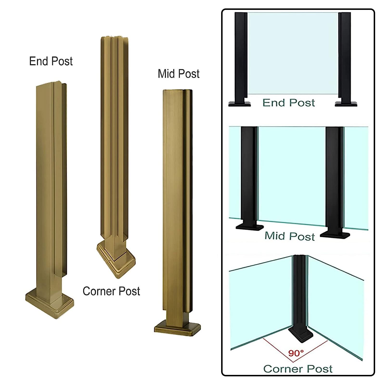 Commercial Glass Railing Posts for Hotels & Restaurants - Gold Square Glass Panel Posts for 10-12mm Thickness - Glass Baluster System for Staircases, Balconies & Decks