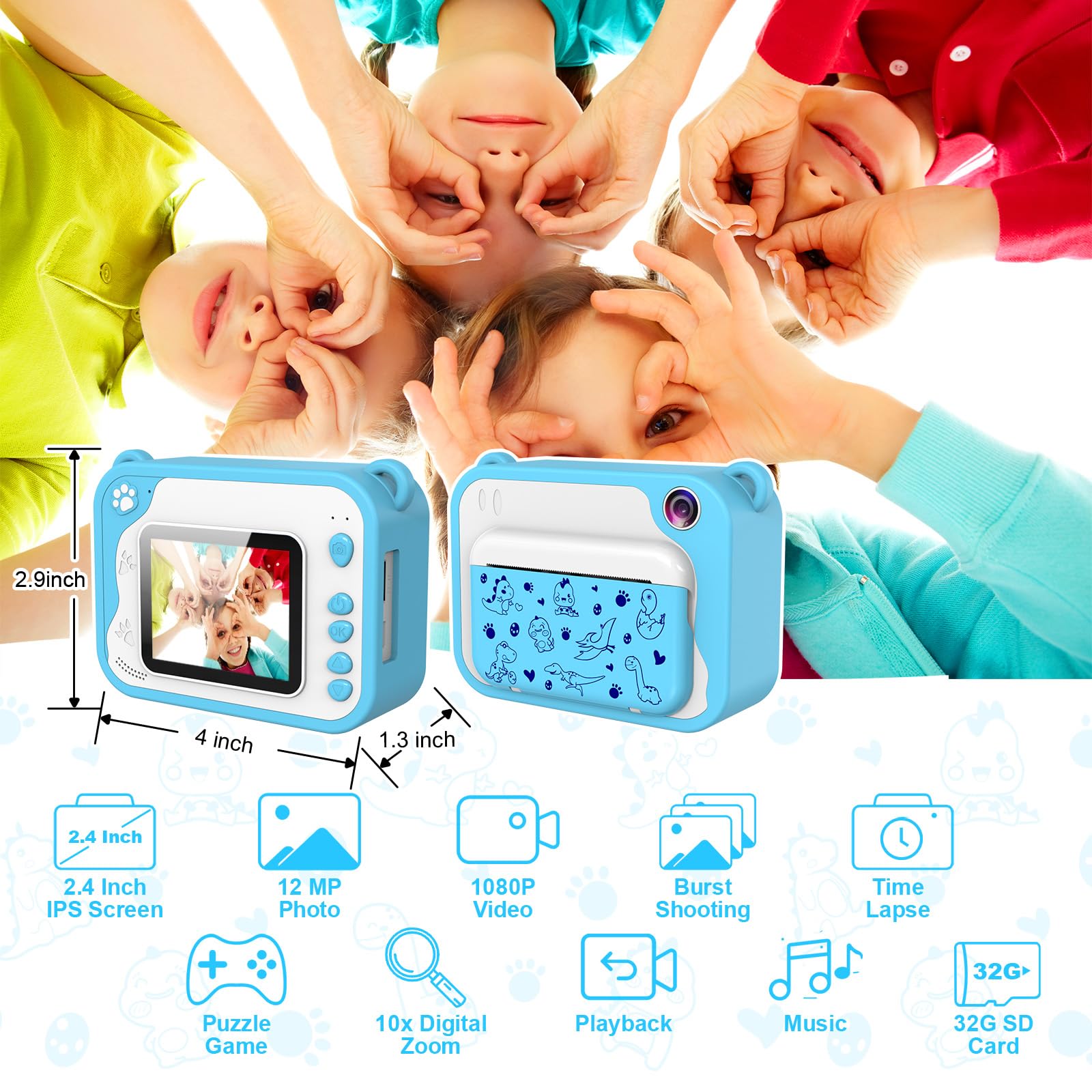 **Kids Digital Camera with Instant Print - 1080P HD Video Camera for Children Ages 3-12, Includes 32GB SD Card - Perfect Easter Birthday Gift for Boys & Girls - Fun for Travel, Parties & Creative Play**