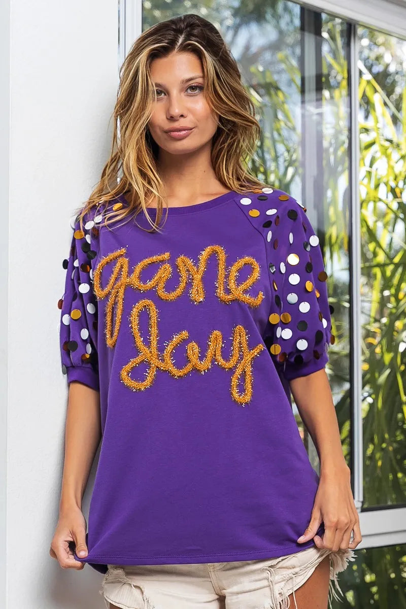 BiBi Game Day Metallic Letter Spangle Sleeve Top - Stylish Women's Party Blouse for Football Games, Concerts & Night Out