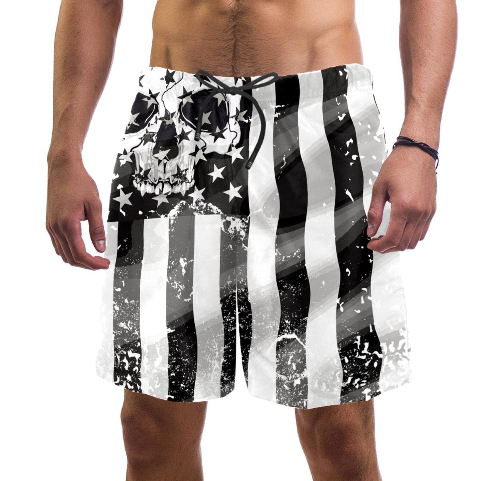 NLOOKS Men's Skull Print Swim Trunks - Quick Dry Elastic Waist Board Shorts with Pockets for Beach, Pool & Summer Vacation | Comfortable Swimwear for Swimming, Surfing and Outdoor Activities