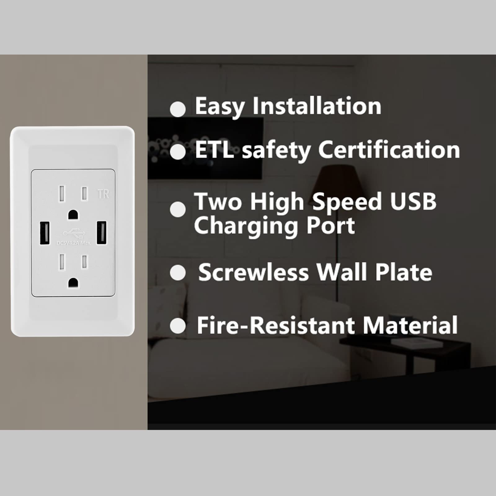 4.2A USB High Speed Charger Wall Outlet with 15A Tamper Resistant AC Duplex Receptacle - ETL Listed White Electrical Outlet (3 Pack) - Perfect for Home, Office & Hotel Charging Stations