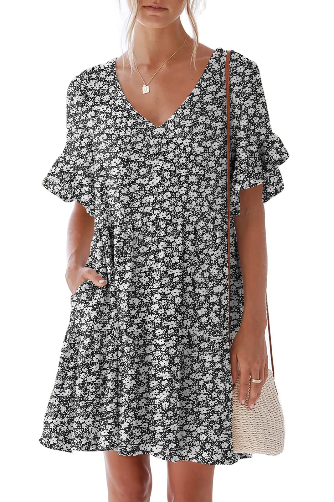 Nclook Women's Summer Casual Dress - Sweet & Cute V-Neck Mini Dress with Pockets, Short Sleeve Ruffled Floral Sundress for Beach, Party & Daily Wear
