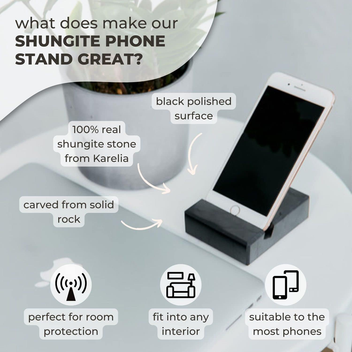 Shungite Phone Stand - Black Polished Shield for Home & Office