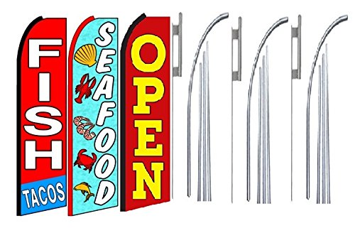 OnPoint Wares Fish Tacos Seafood Open Flags - Pack of 3 | 3ft x 11.5ft Feather Banners for Outdoor Business Advertising | Commercial Grade with Pole & Ground Spike | Perfect for Restaurants, Food Trucks & Beach Events