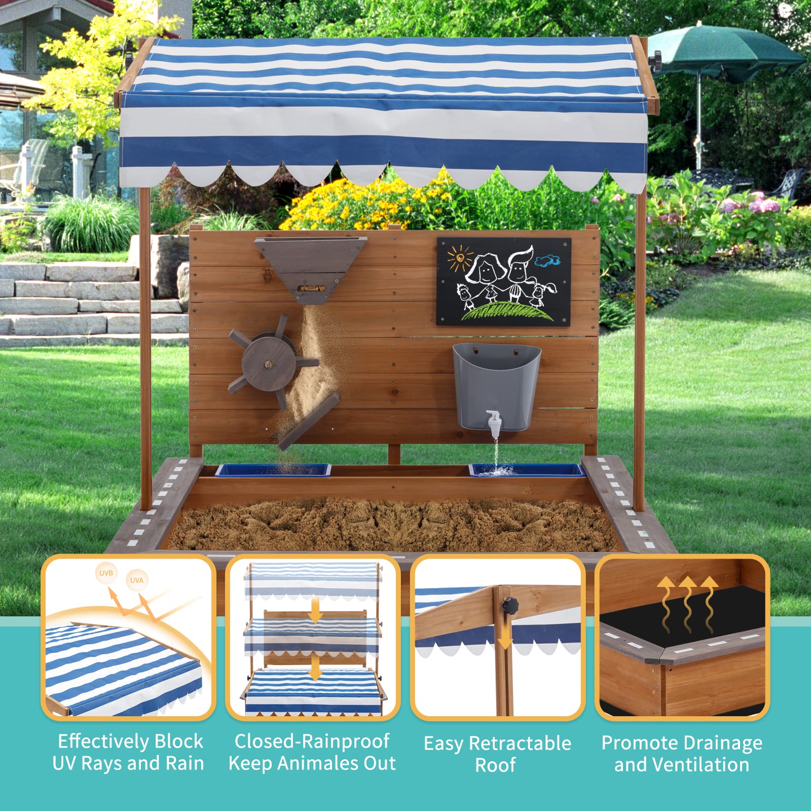 MOOITZ Large Wooden Sandbox with Adjustable Canopy Cover - Outdoor Sand Play Box for Kids, Backyard, Garden & Beach - Includes Sand Funnel & Drawing Board - Perfect for Patio, Playground & Outdoor Activities (Brown, 2023 Model)