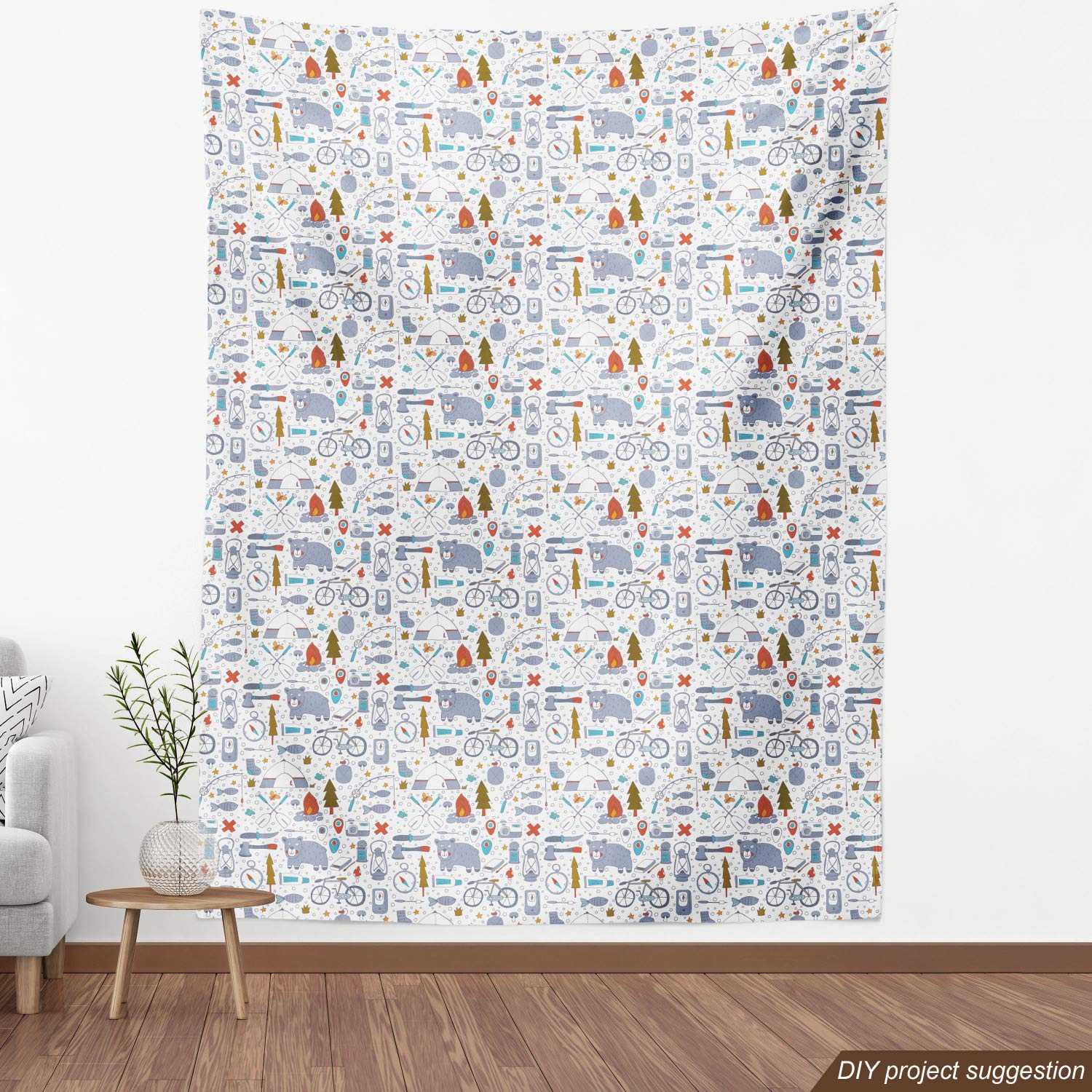 Lunarable Camping Fabric by The Yard - Cartoon Bear Tent & Compass Outdoor Hobby Print for DIY Upholstery, Home Decor (10 Yards, Vermilion Bluegrey) - Perfect for Backpacking Gear, Picnic Blankets & Nursery Curtains