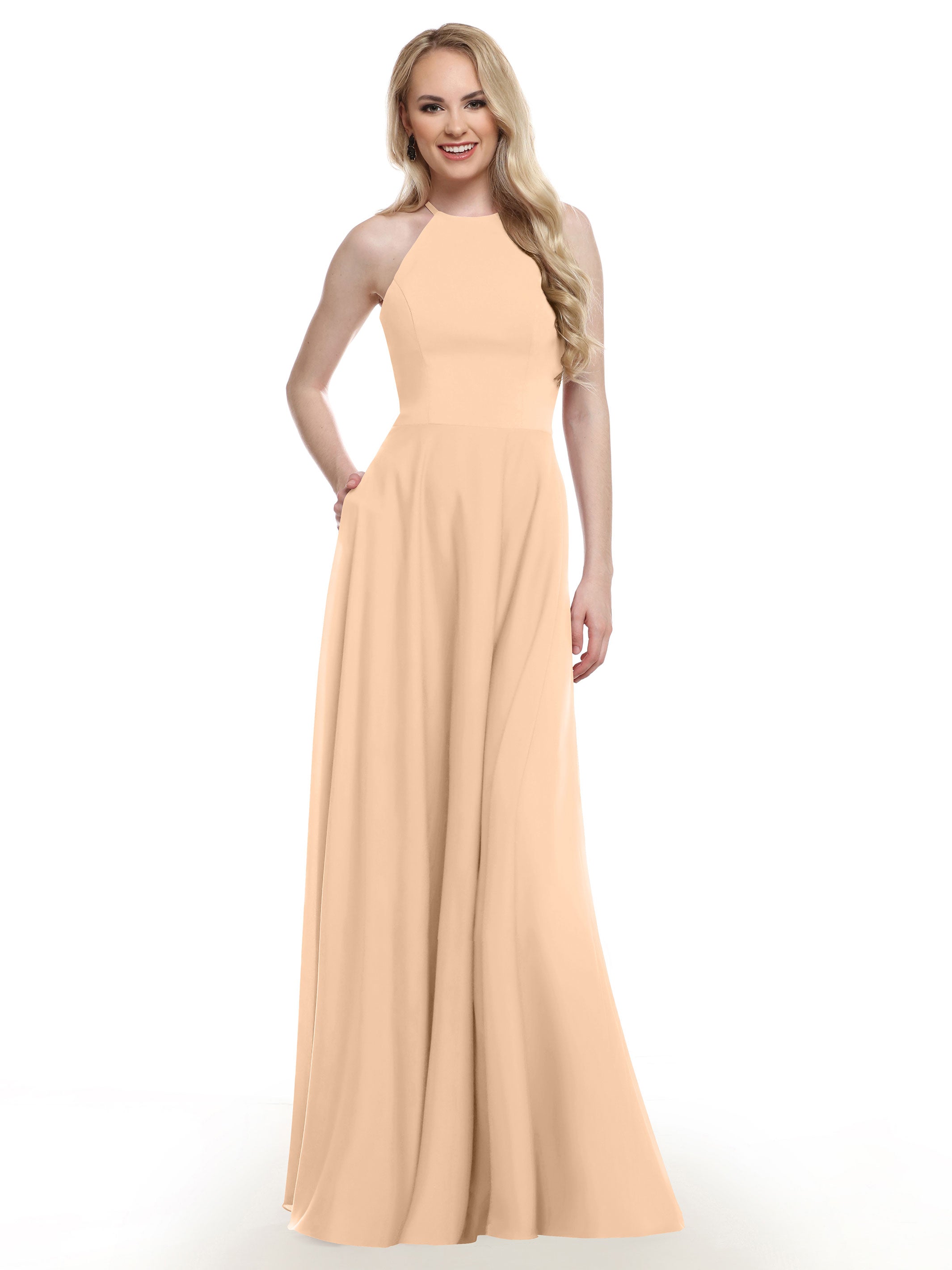 Elegant 83022 Stretch Chiffon Halter A-Line Bridesmaid Dress with Pockets - Perfect for Weddings, Parties & Formal Events