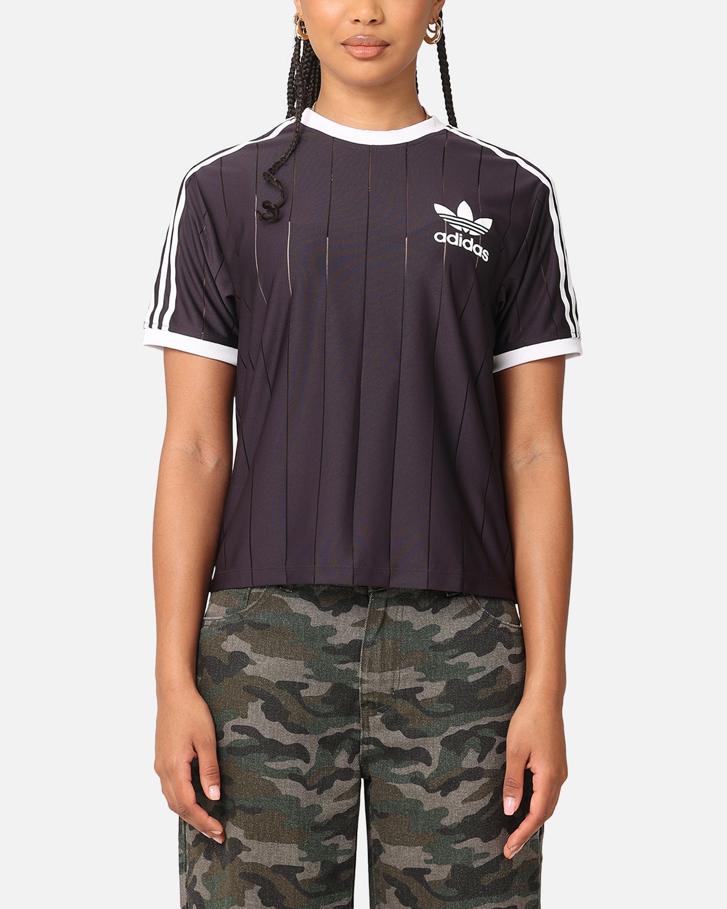 Adidas Women's 3 Stripes Pinstripe T-Shirt - Aurora Black | Casual Athletic Tee for Running, Gym & Everyday Wear