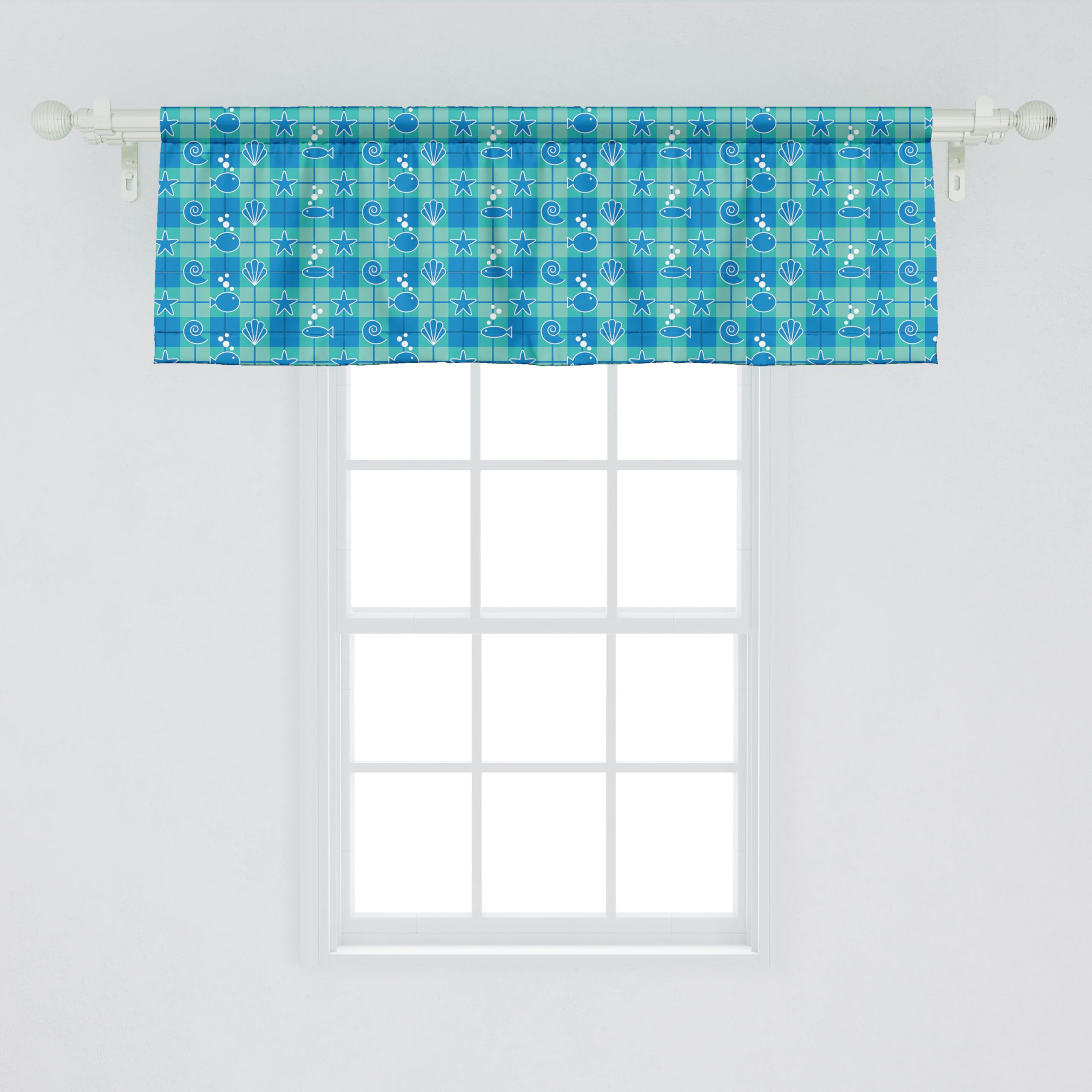 Ambesonne Sea Shells Window Valance - Plaid Pattern with Cartoon Marine Silhouettes of Fish, Starfish & Bubbles - 54x18 Inch Kitchen & Bedroom Curtain Valance with Rod Pocket in Mint Green, Blue & White - Perfect for Coastal, Beach House or Nautical Theme Decor