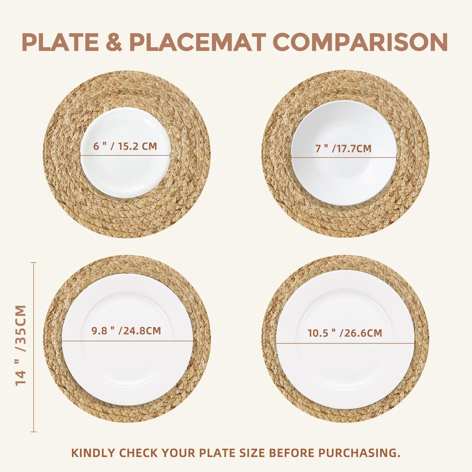 13.8 Inch Round Hand Woven Rattan Placemats Set of 10 - Boho Farmhouse Chargers for Dinner Plates, Braided Table Mats for Dining Room Decor | Perfect for Farmhouse, Rustic, and Coastal Style Home Decor