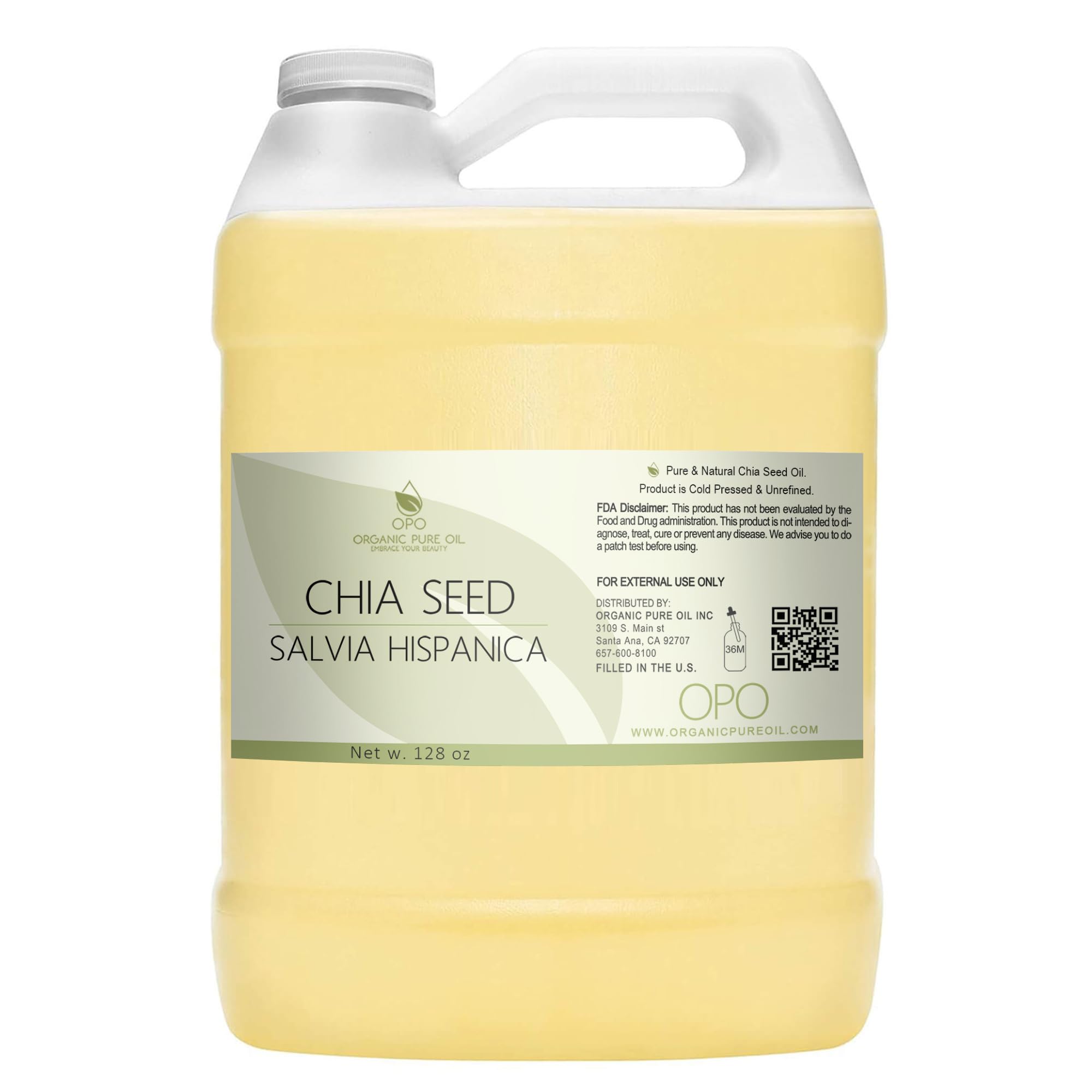Organic Chia Seed Oil - 100% Pure, Cold Pressed, Unrefined, Non-GMO, Vegan - Hydrating Carrier Oil for Skin, Hair & Nails - Natural Moisturizer for Face, Body, Eyelashes & Eyebrows - 128oz Bulk Size - Perfect for DIY Beauty Recipes, Massage & Aromatherapy