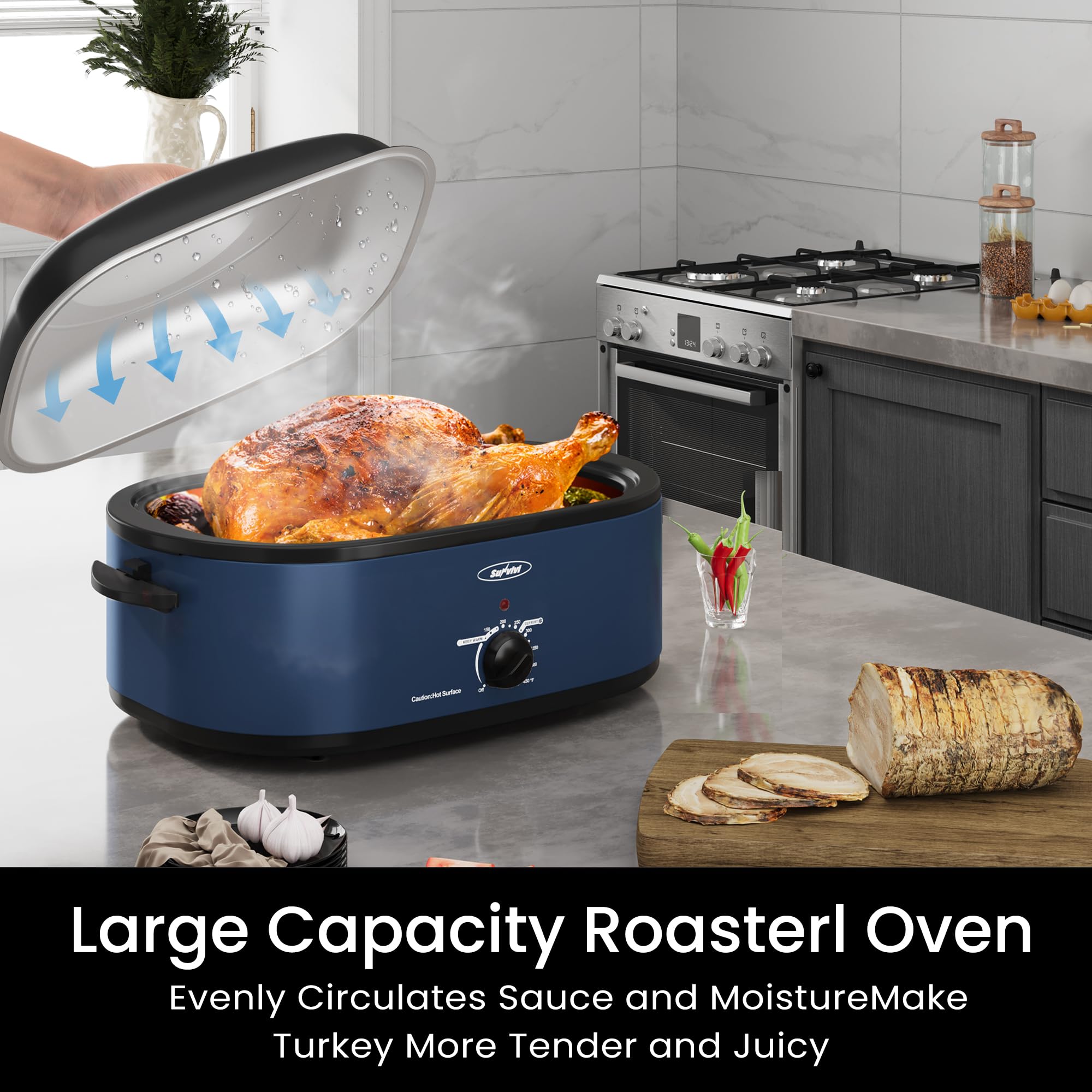 22-Quart Electric Roaster Oven with Removable Pan & Self-Basting Lid - Digital Temperature Control (150-450°F) & Cool-Touch Handles - Perfect for Turkey, Roast Beef, Holiday Meals & Large Family Gatherings - Blue