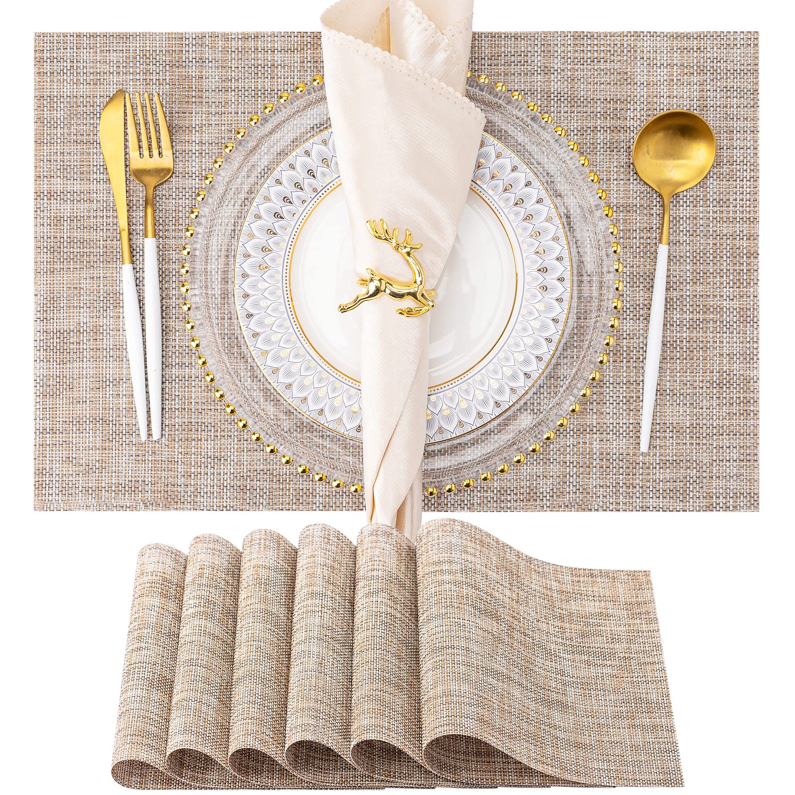 6-Pack Washable Vinyl Placemats for Dining Table - Indoor/Outdoor PVC Woven Table Mats in Caramel Brown | Perfect for Kitchen, Patio, Picnic & Restaurant Use