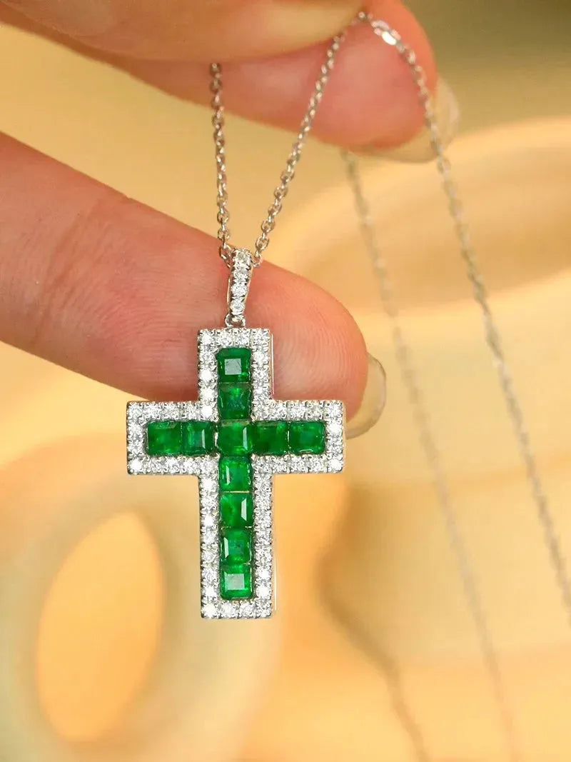 18K White Gold Diamond Cross Pendant Necklace for Women with Genuine Emerald Gemstone - Elegant Jewelry Gift for Christmas, Birthday & Special Occasions