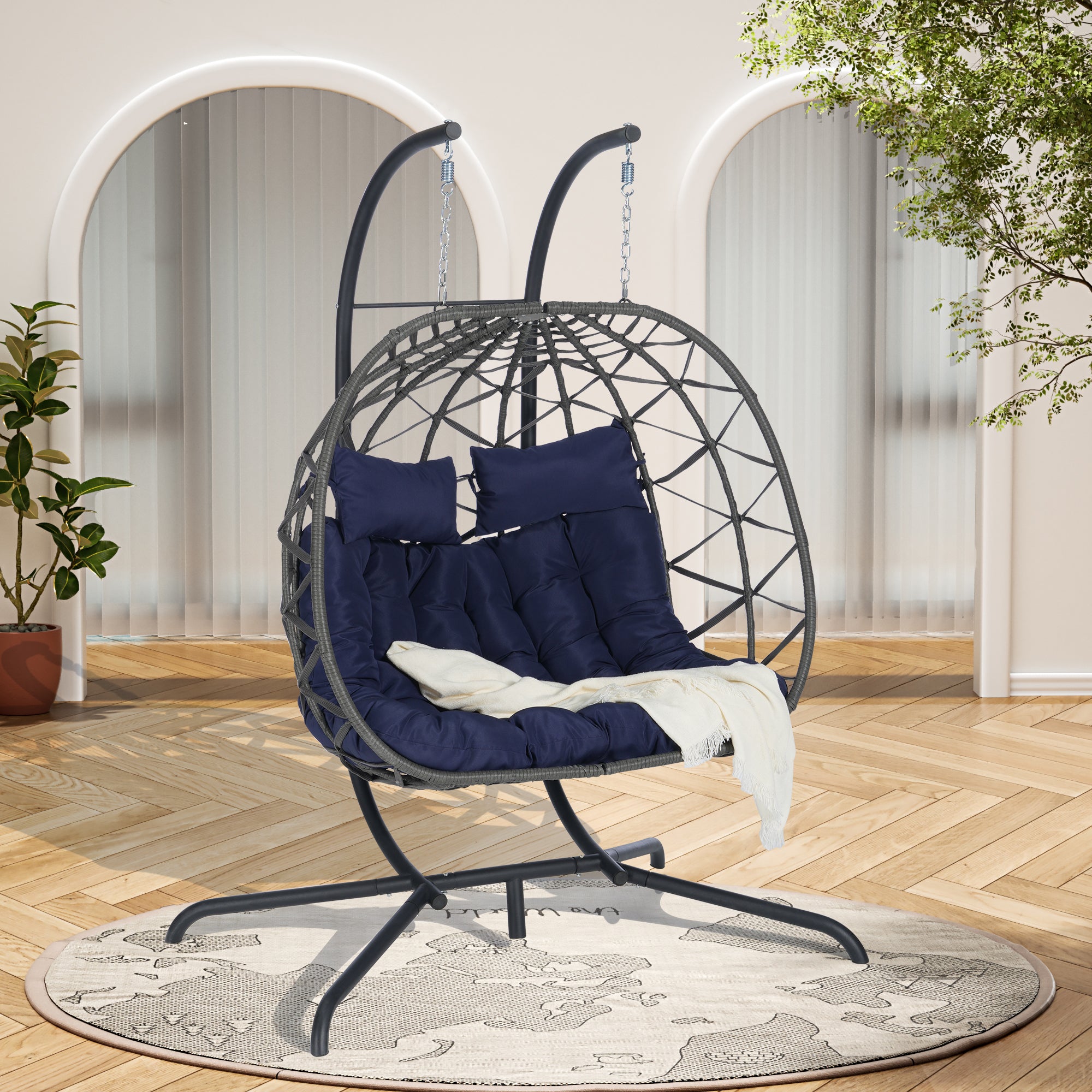 Double Egg Chair with Stand - Hanging Indoor/Outdoor Wicker Rattan Swing Chair with UV-Resistant Cushions (600lb Capacity) - Perfect for Bedroom, Balcony, Patio & Garden Relaxation