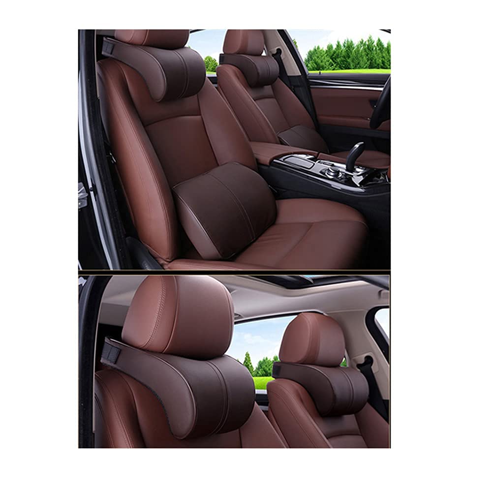 Ergonomic Car Seat Lumbar Support Pillow & Neck Pillow Set - Soft Leather Surface with High-Density Memory Foam for Comfort & Pain Relief - Perfect for Long Drives, Road Trips & Commuting (Brown)